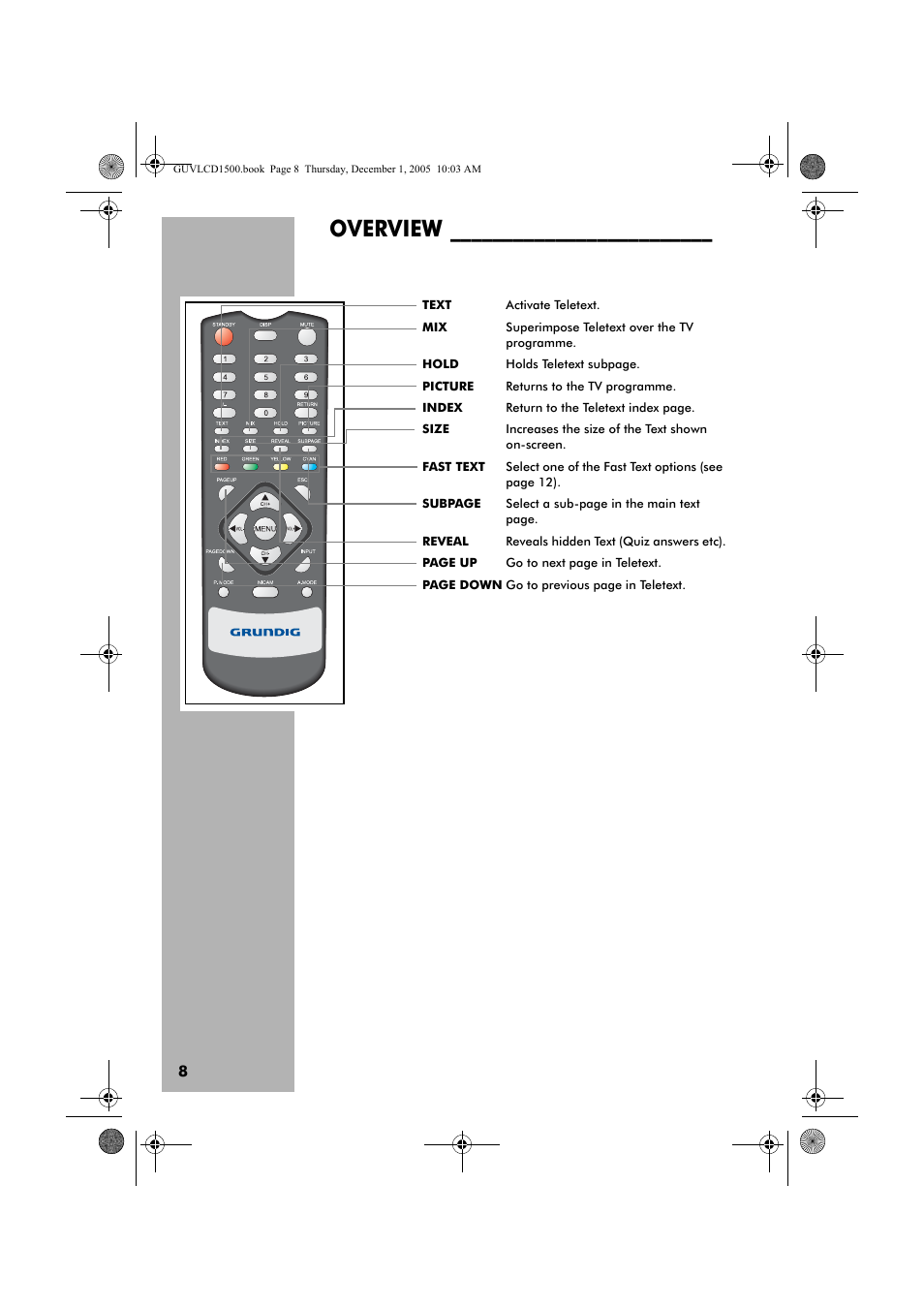 Overview | Grundig GUVL1500 User Manual | Page 8 / 24