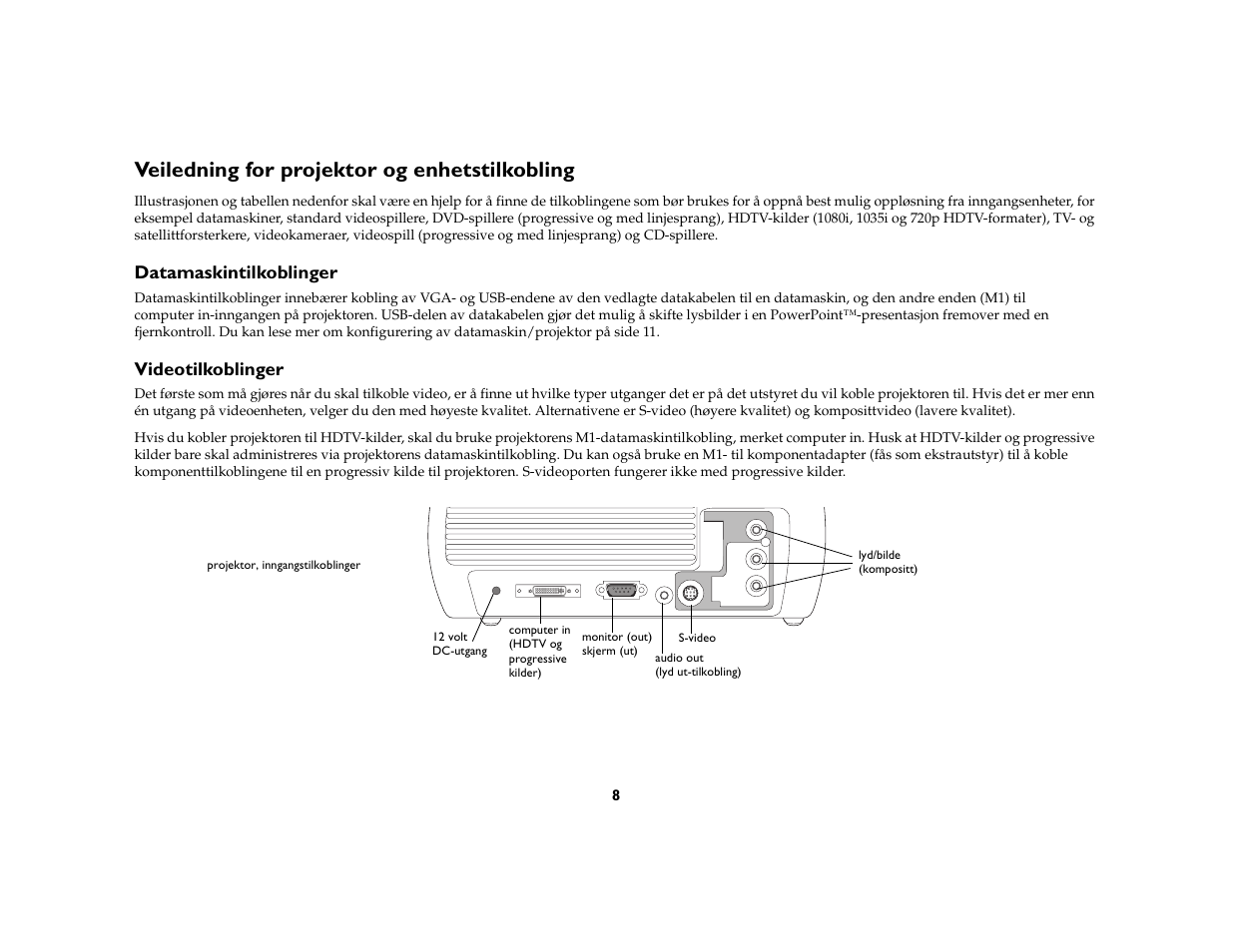 Veiledning for projektor og enhetstilkobling, Datamaskintilkoblinger, Videotilkoblinger | Grundig DLPTM Projector User Manual | Page 10 / 47