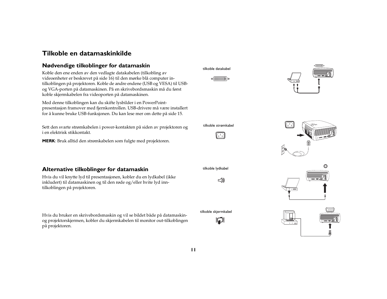 Tilkoble en datamaskinkilde, Nødvendige tilkoblinger for datamaskin, Alternative tilkoblinger for datamaskin | Grundig DLPTM Projector User Manual | Page 13 / 47