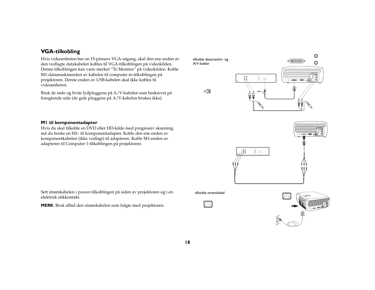 Vga-tilkobling, Vga-tilkobling på side 18, M1 til komponentadapter på side 18 | Grundig DLPTM Projector User Manual | Page 20 / 47