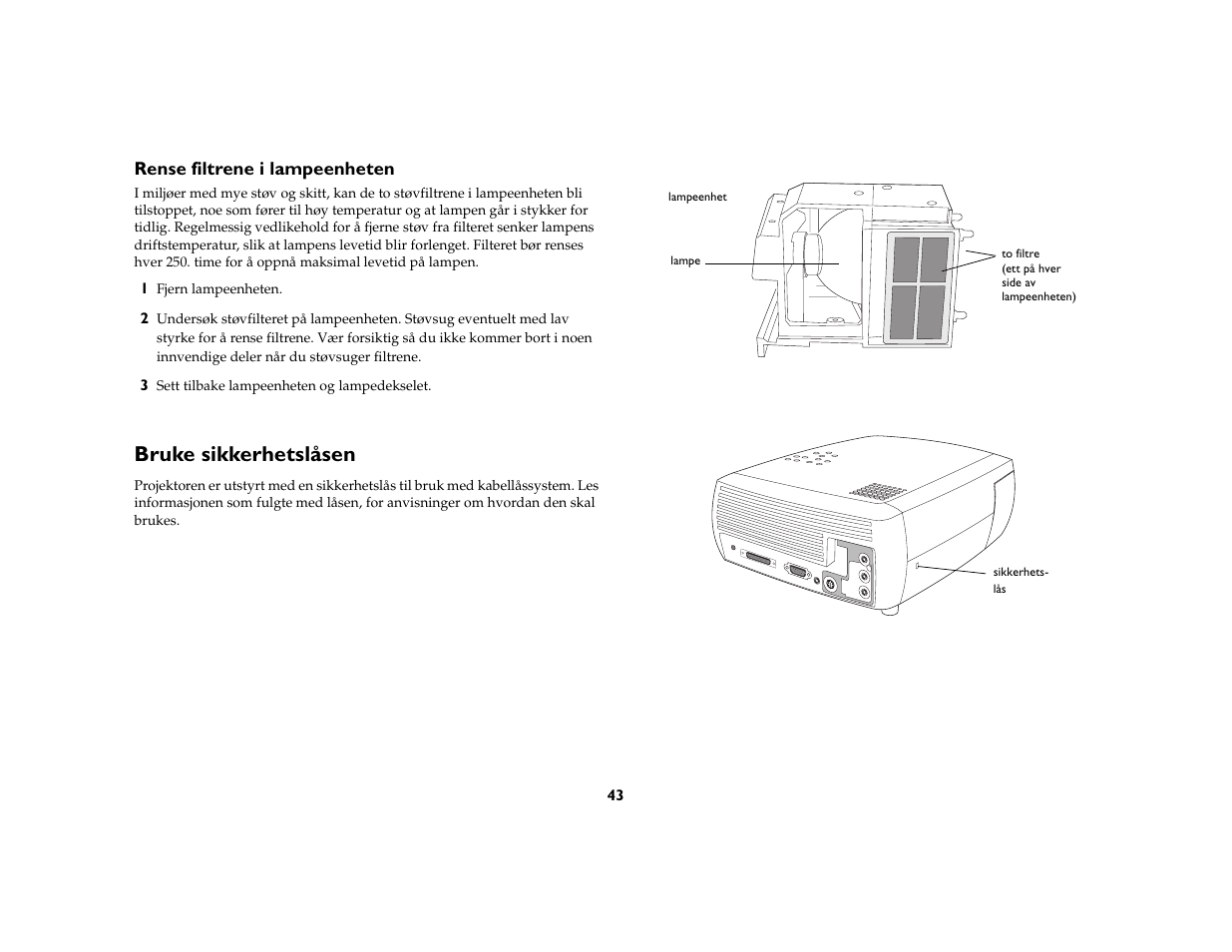 Rense filtrene i lampeenheten, Bruke sikkerhetslåsen | Grundig DLPTM Projector User Manual | Page 45 / 47