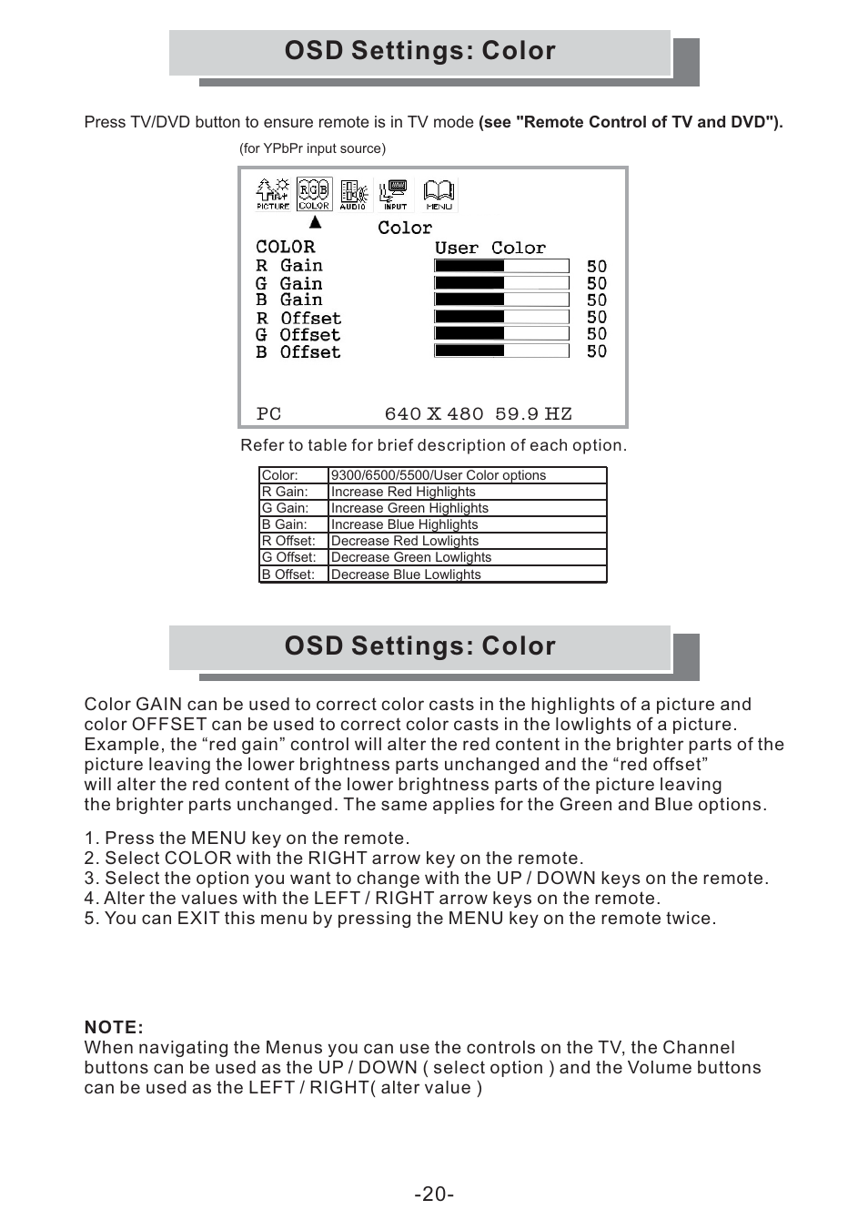 Osd settings: color | Grundig GULCD15S/DVD User Manual | Page 20 / 34