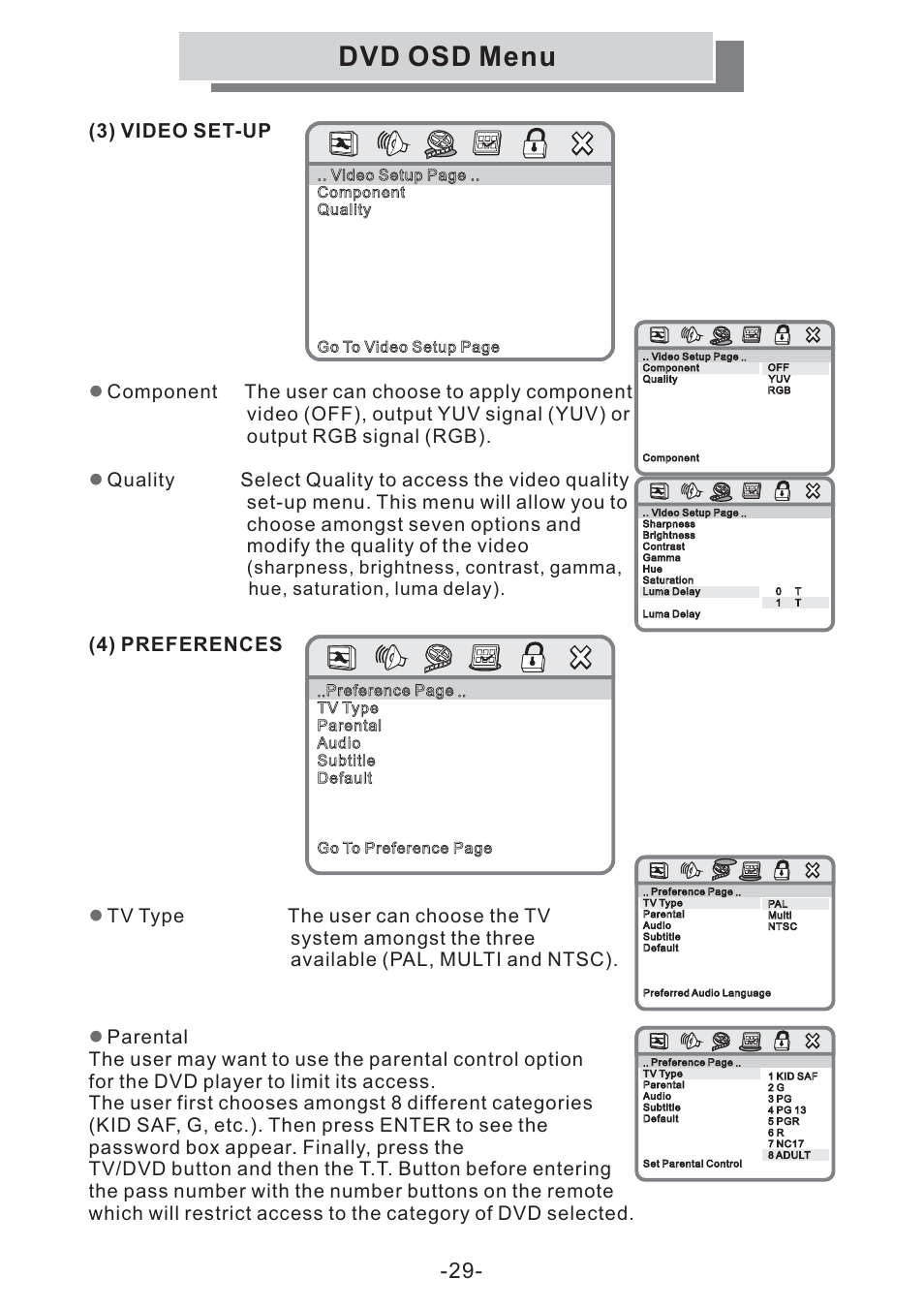 Dvd osd menu, 4) preferences | Grundig GULCD15S/DVD User Manual | Page 29 / 34