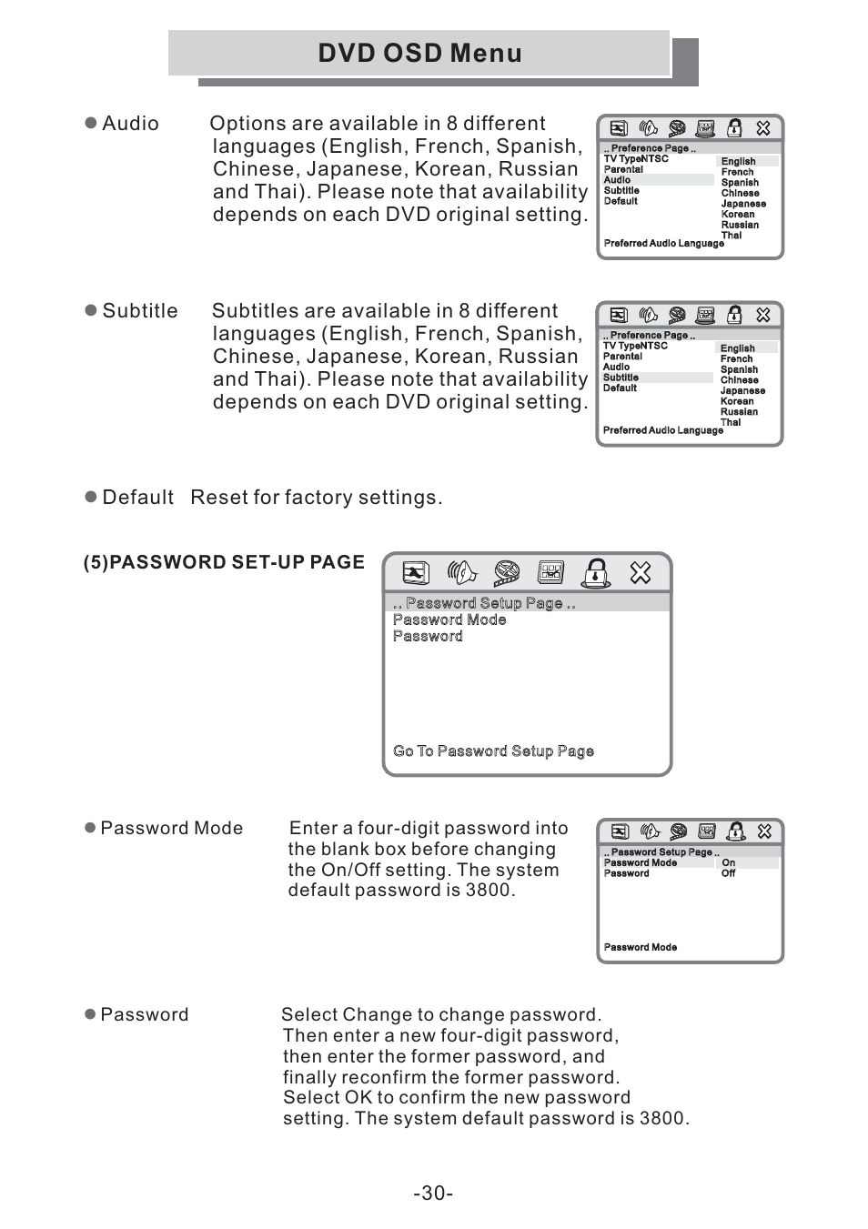 Dvd osd menu, 5)password set-up page | Grundig GULCD15S/DVD User Manual | Page 30 / 34