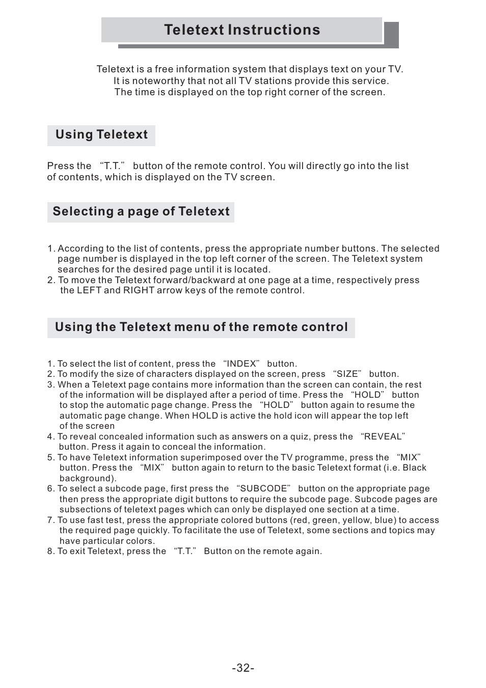 Teletext instructions, Using teletext, Selecting a page of teletext | Using the teletext menu of the remote control | Grundig GULCD15S/DVD User Manual | Page 32 / 34