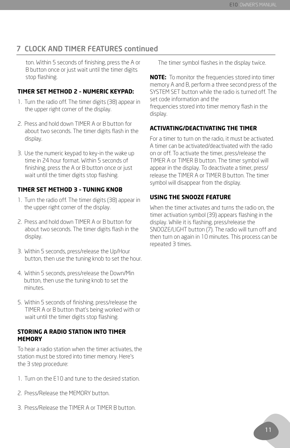 7 clock and timer features continued | Grundig E10 User Manual | Page 13 / 29