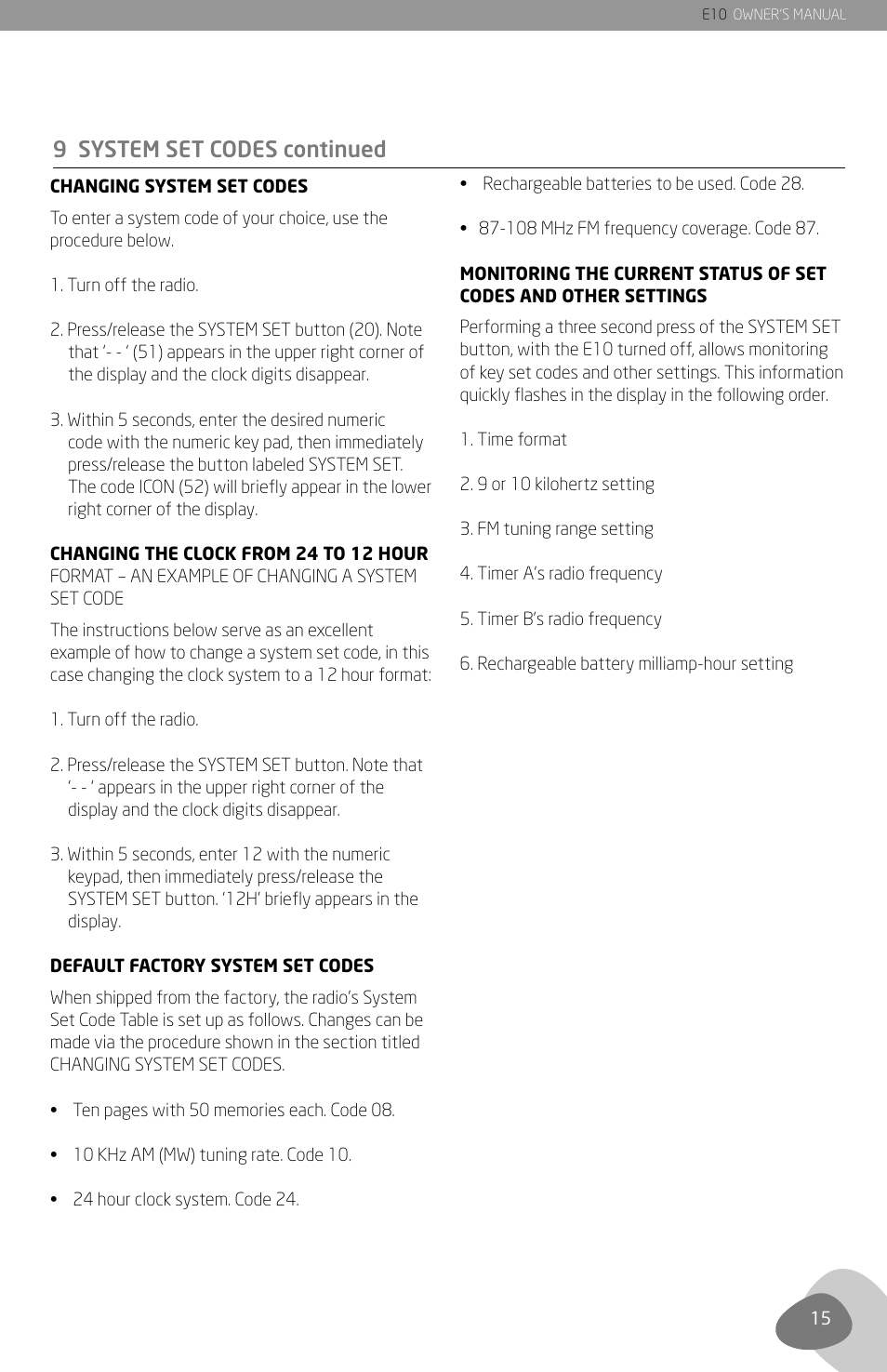 9 system set codes continued | Grundig E10 User Manual | Page 17 / 29
