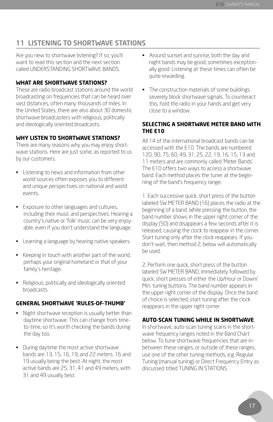 11 listening to shortwave stations | Grundig E10 User Manual | Page 19 / 29