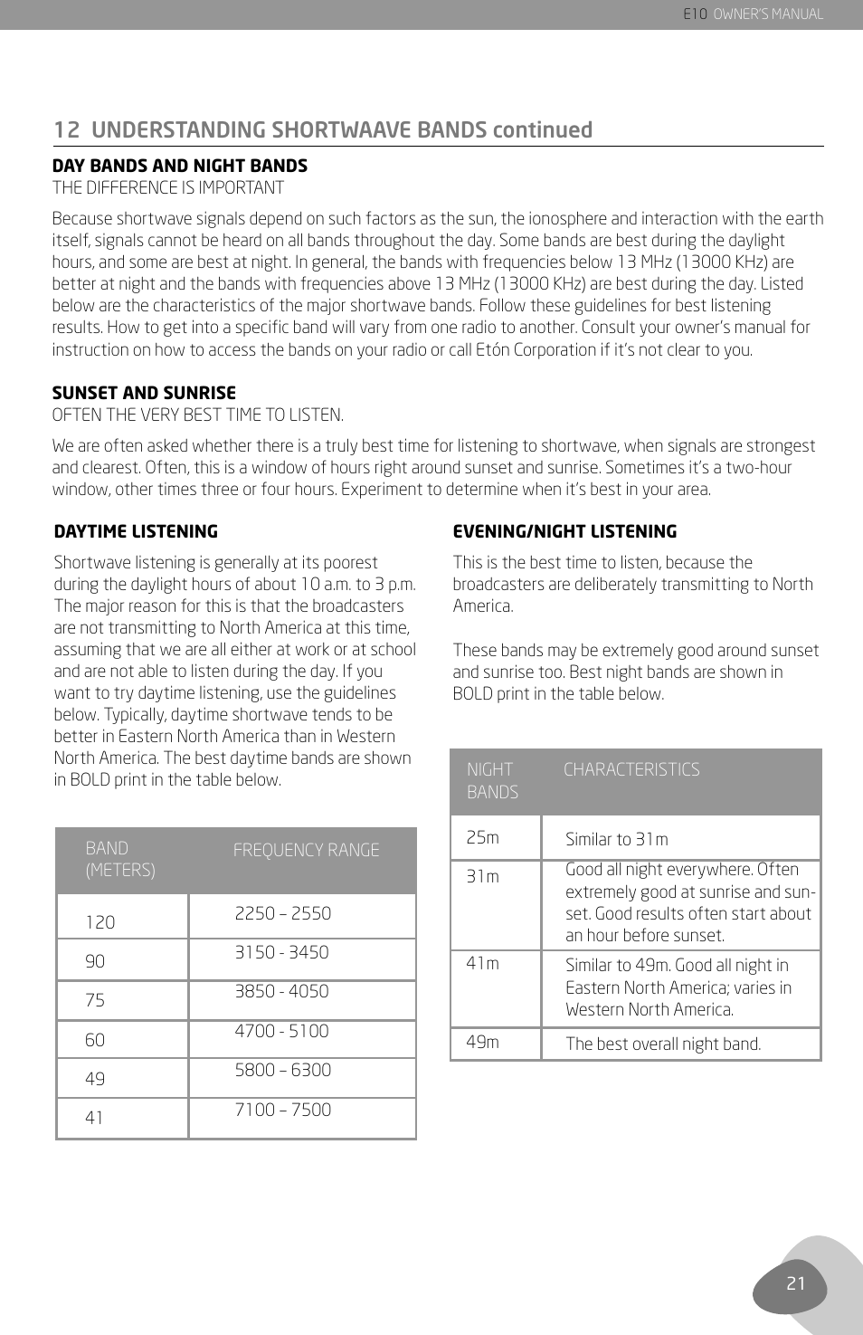 12 understanding shortwaave bands continued | Grundig E10 User Manual | Page 23 / 29