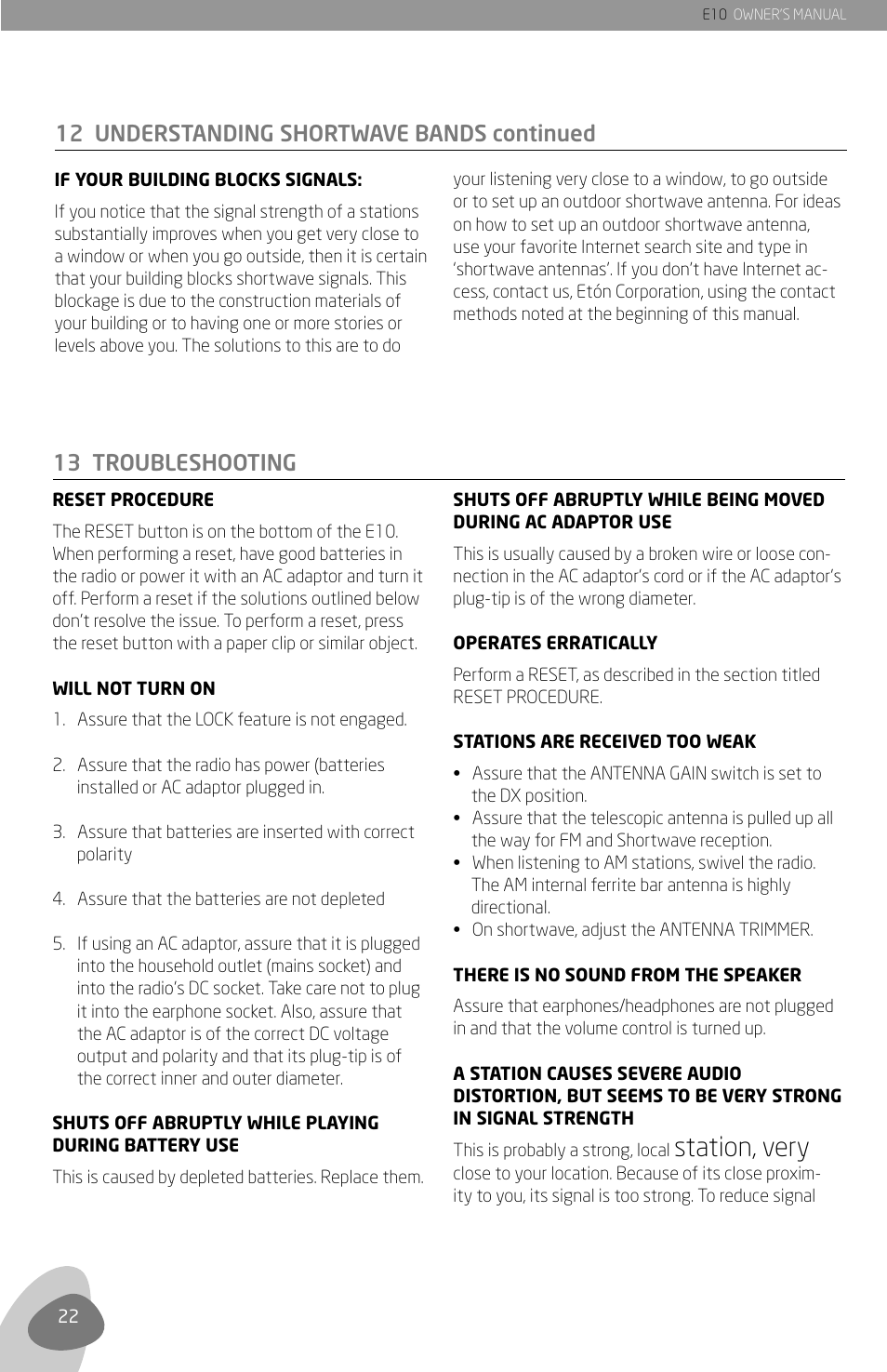 Station, very, 12 understanding shortwave bands continued, 13 troubleshooting | Grundig E10 User Manual | Page 24 / 29