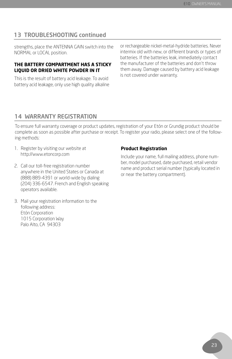 13 troubleshooting continued, 14 warranty registration | Grundig E10 User Manual | Page 25 / 29