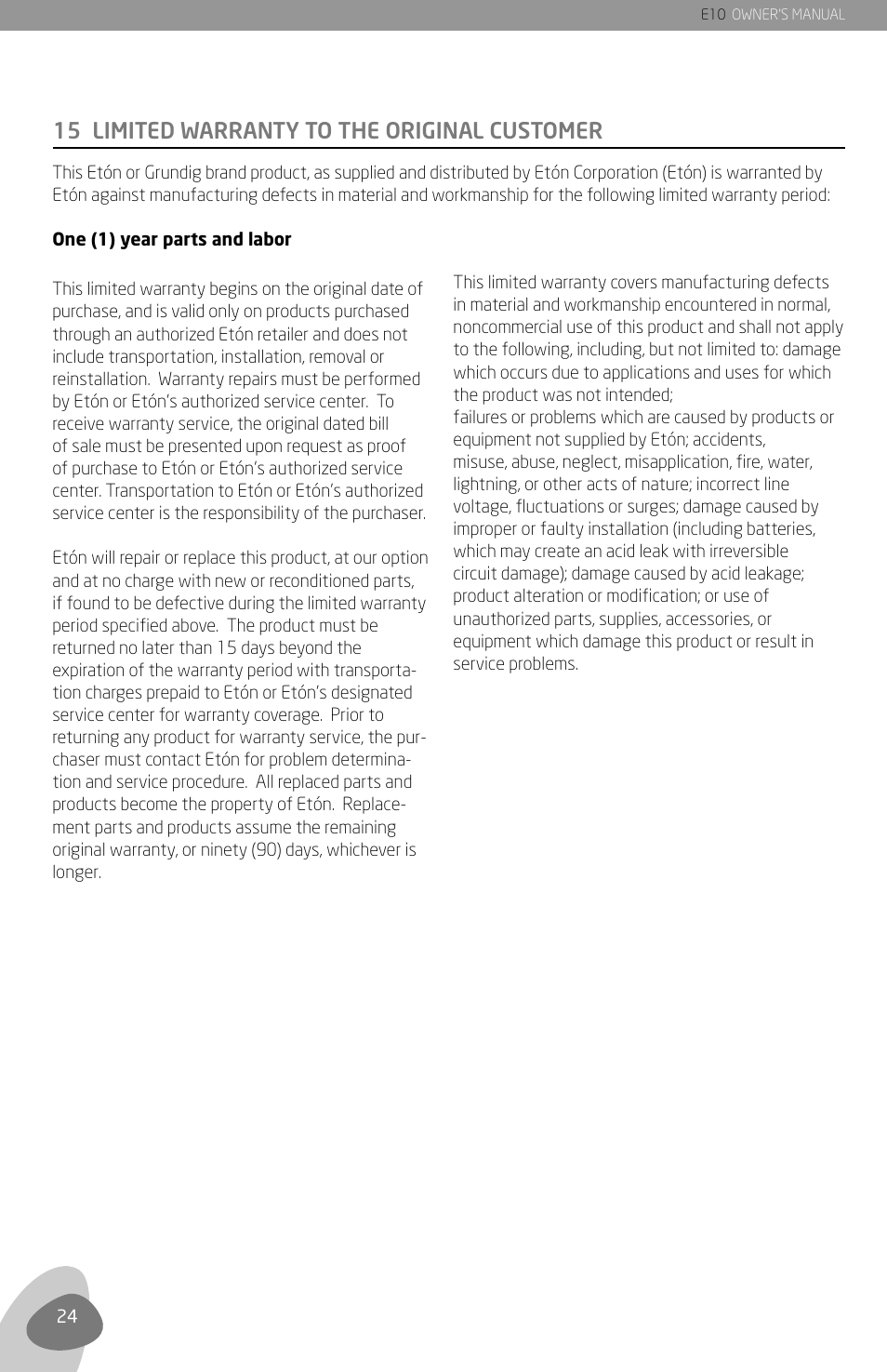 15 limited warranty to the original customer | Grundig E10 User Manual | Page 26 / 29