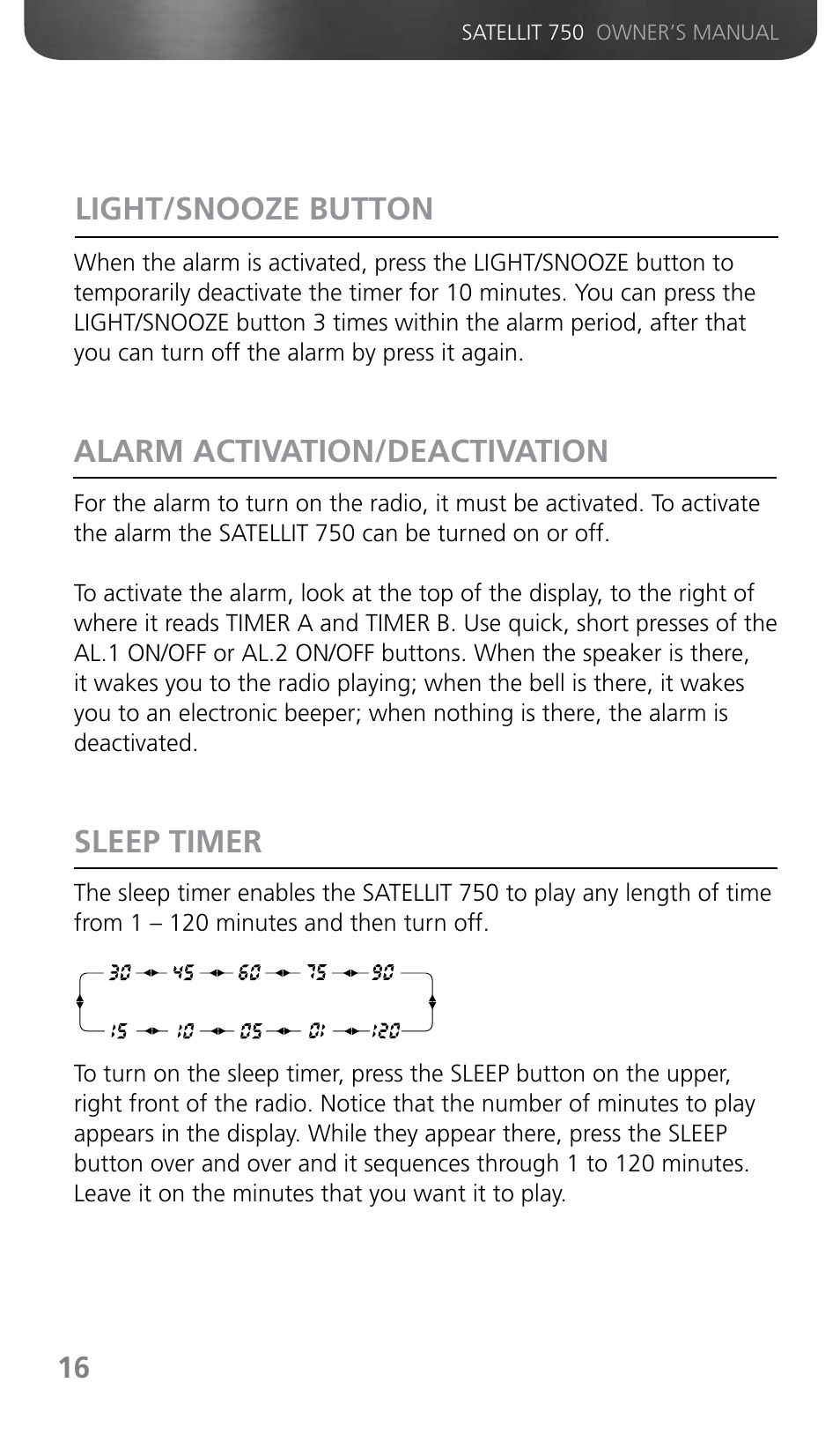 Light/snooze button, Alarm activation/deactivation sleep timer | Grundig SATELLIT 750 User Manual | Page 16 / 72