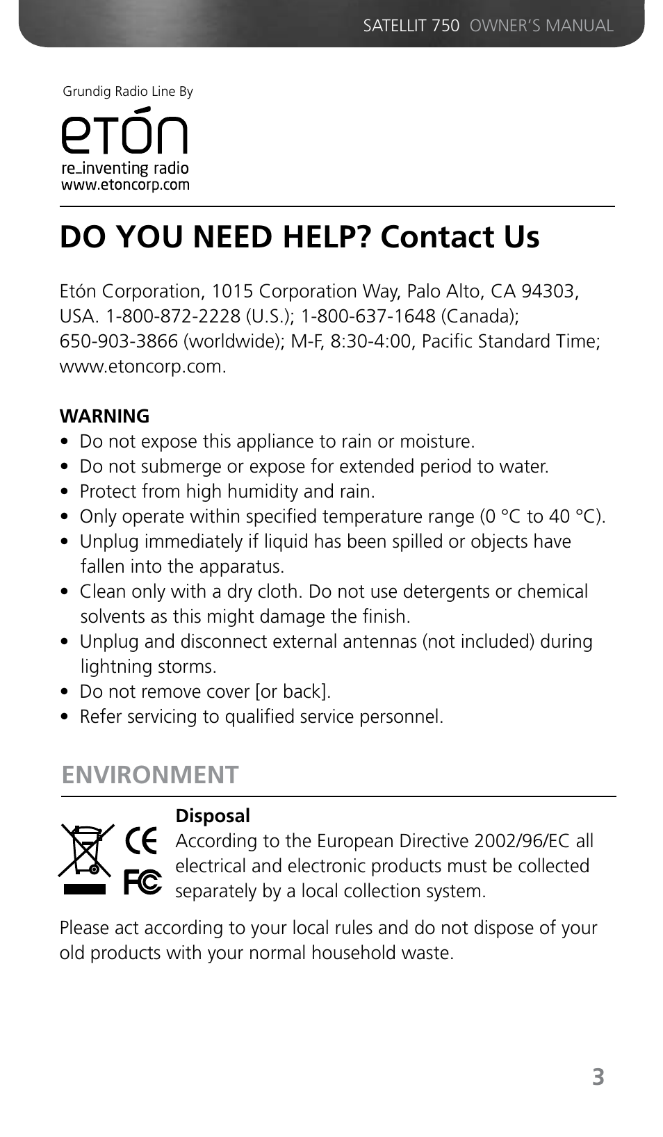 Do you need help? contact us, Environment | Grundig SATELLIT 750 User Manual | Page 3 / 72