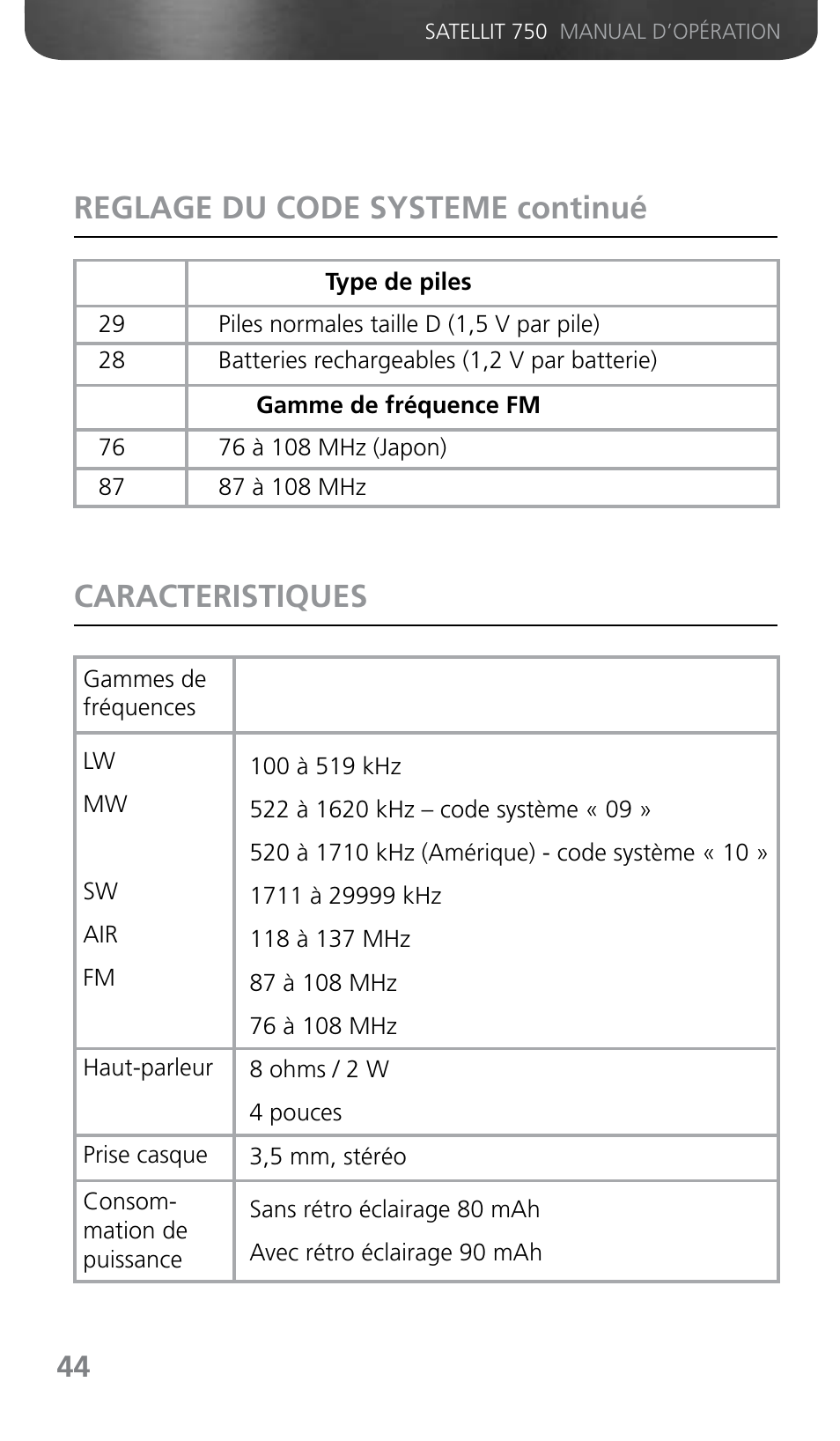 Reglage du code systeme continué caracteristiques | Grundig SATELLIT 750 User Manual | Page 44 / 72