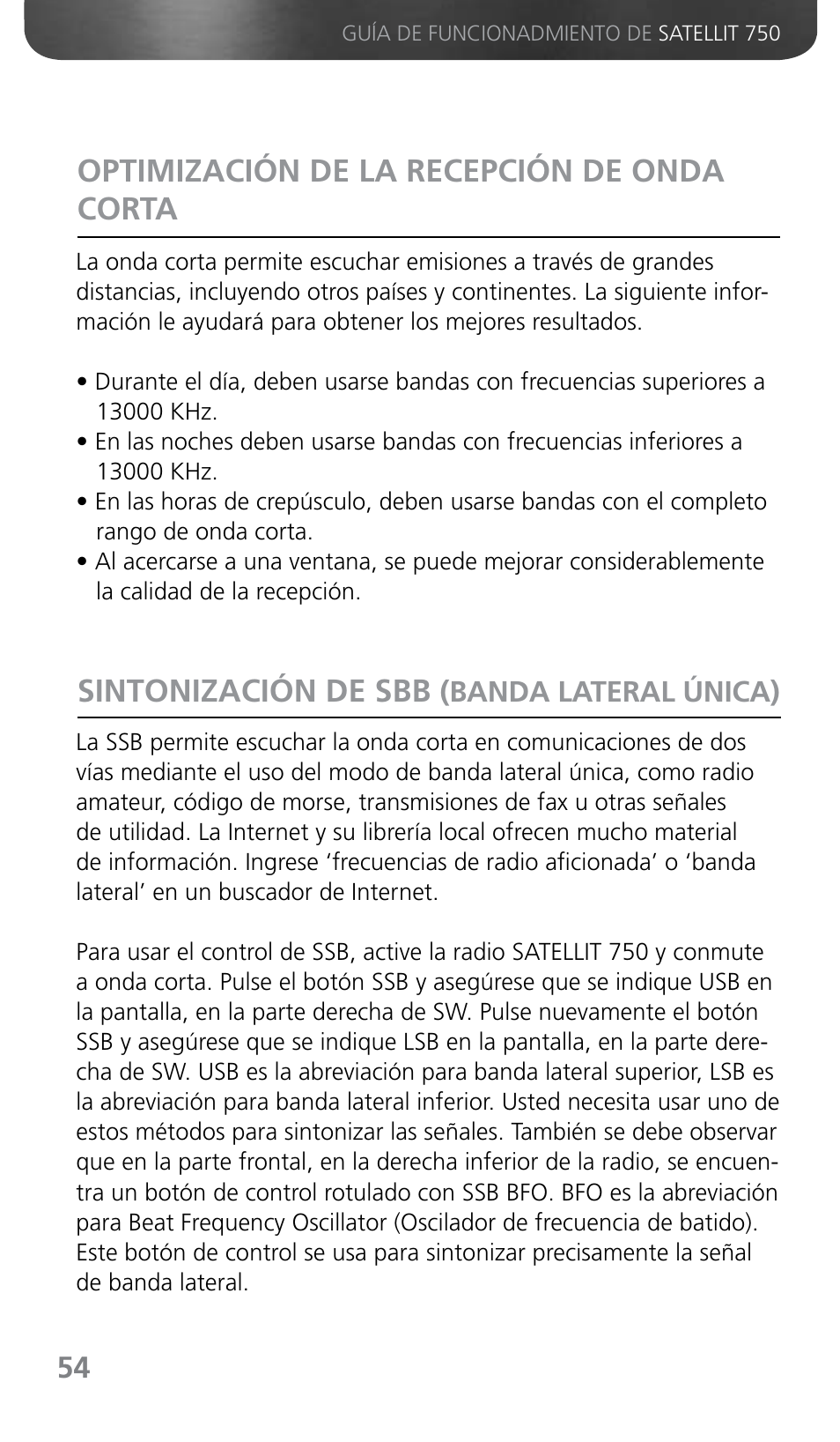 Optimización de la recepción de onda corta, Sintonización de sbb, Banda lateral única) | Grundig SATELLIT 750 User Manual | Page 54 / 72