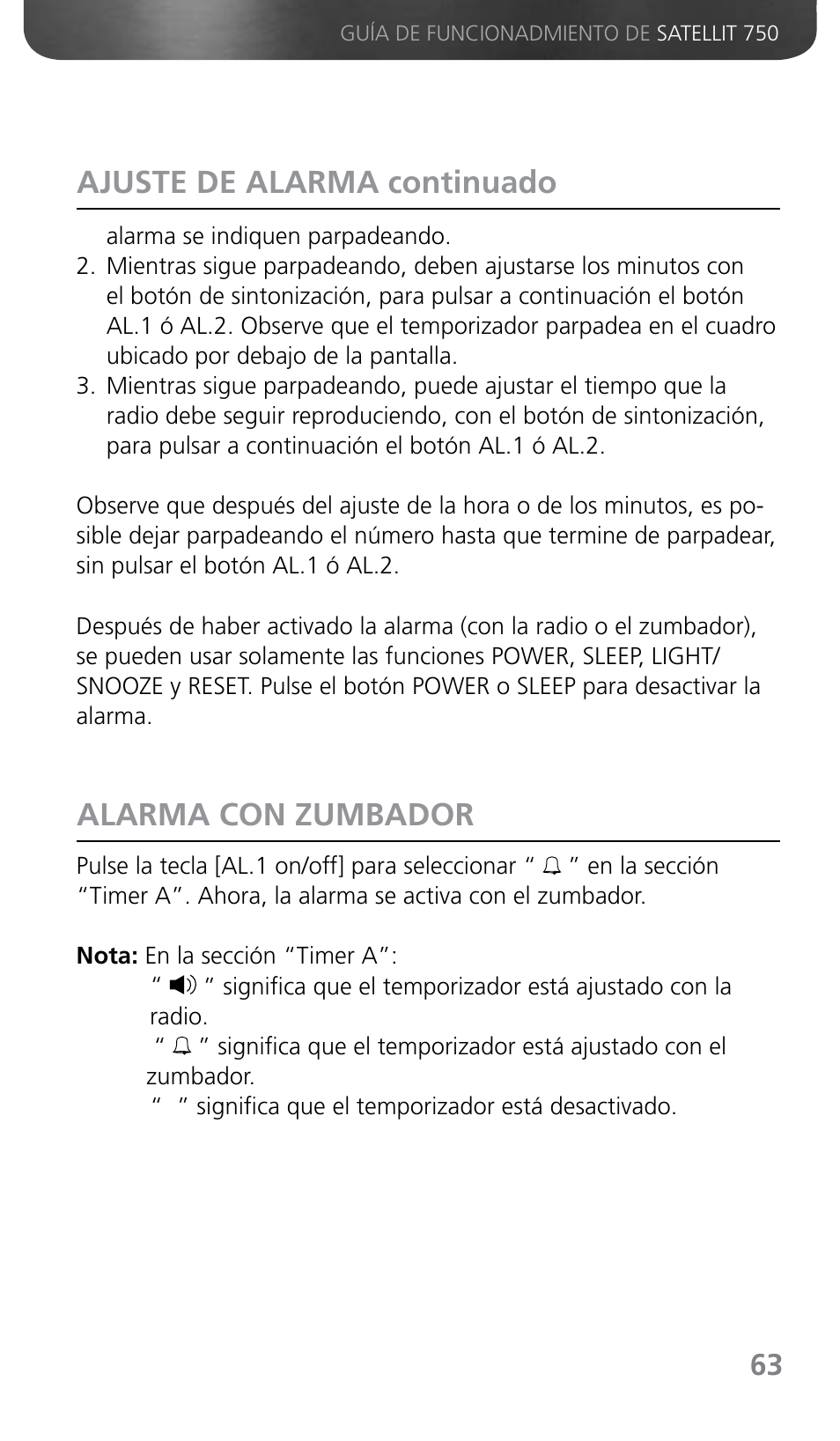 Ajuste de alarma continuado alarma con zumbador | Grundig SATELLIT 750 User Manual | Page 63 / 72