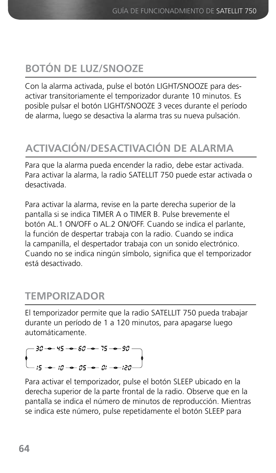 Botón de luz/snooze, Activación/desactivación de alarma temporizador | Grundig SATELLIT 750 User Manual | Page 64 / 72