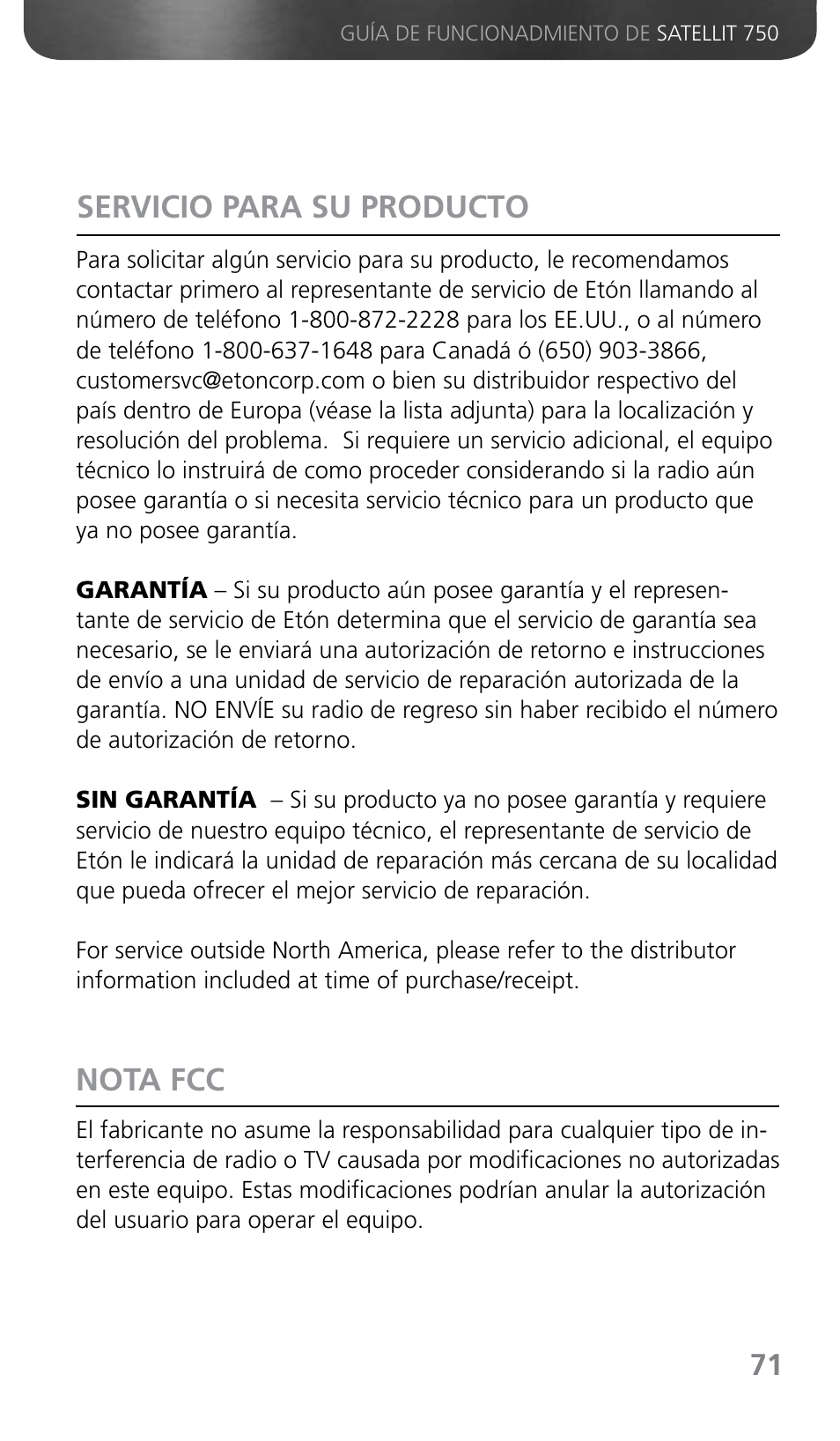 Servicio para su producto nota fcc | Grundig SATELLIT 750 User Manual | Page 71 / 72