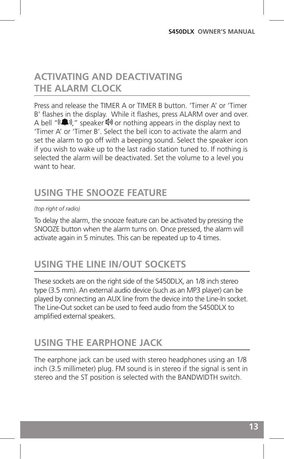 Activating and deactivating the alarm clock, Using the snooze feature, Using the line in/out sockets | Using the earphone jack | Grundig FIELD RADIO S450DLX User Manual | Page 13 / 86