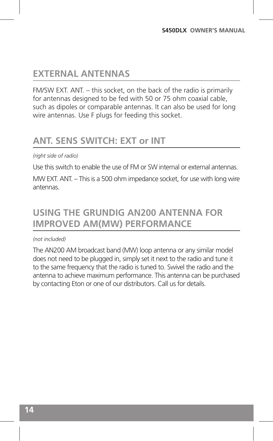 External antennas, Ant. sens switch: ext or int | Grundig FIELD RADIO S450DLX User Manual | Page 14 / 86