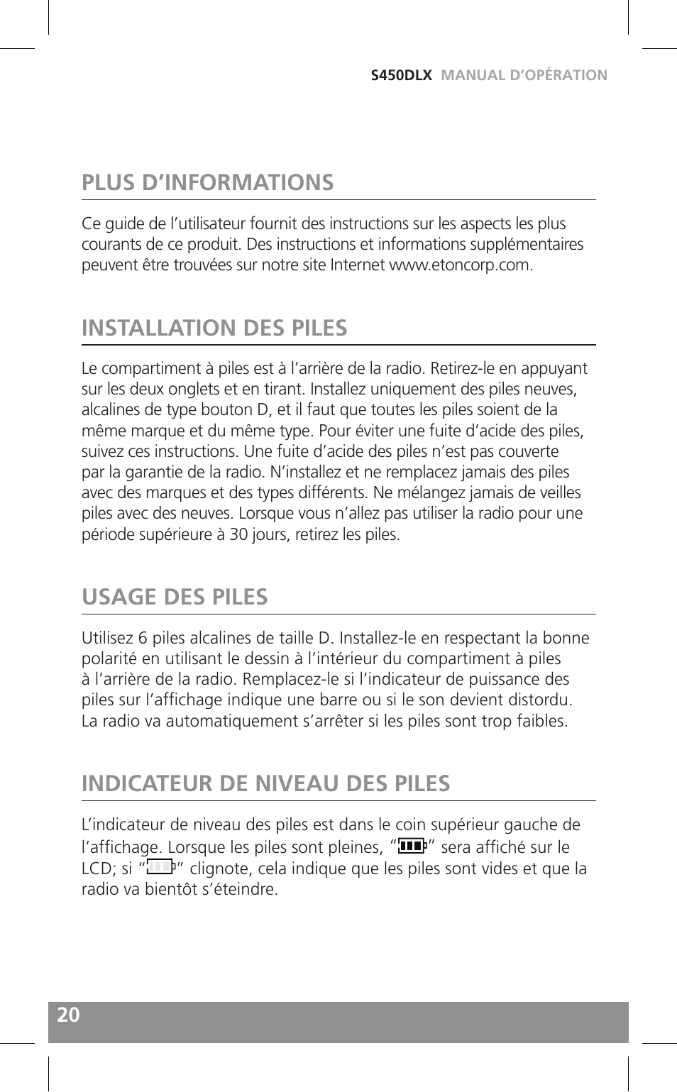 Plus d’informations, Installation des piles, Usage des piles | Indicateur de niveau des piles | Grundig FIELD RADIO S450DLX User Manual | Page 20 / 86
