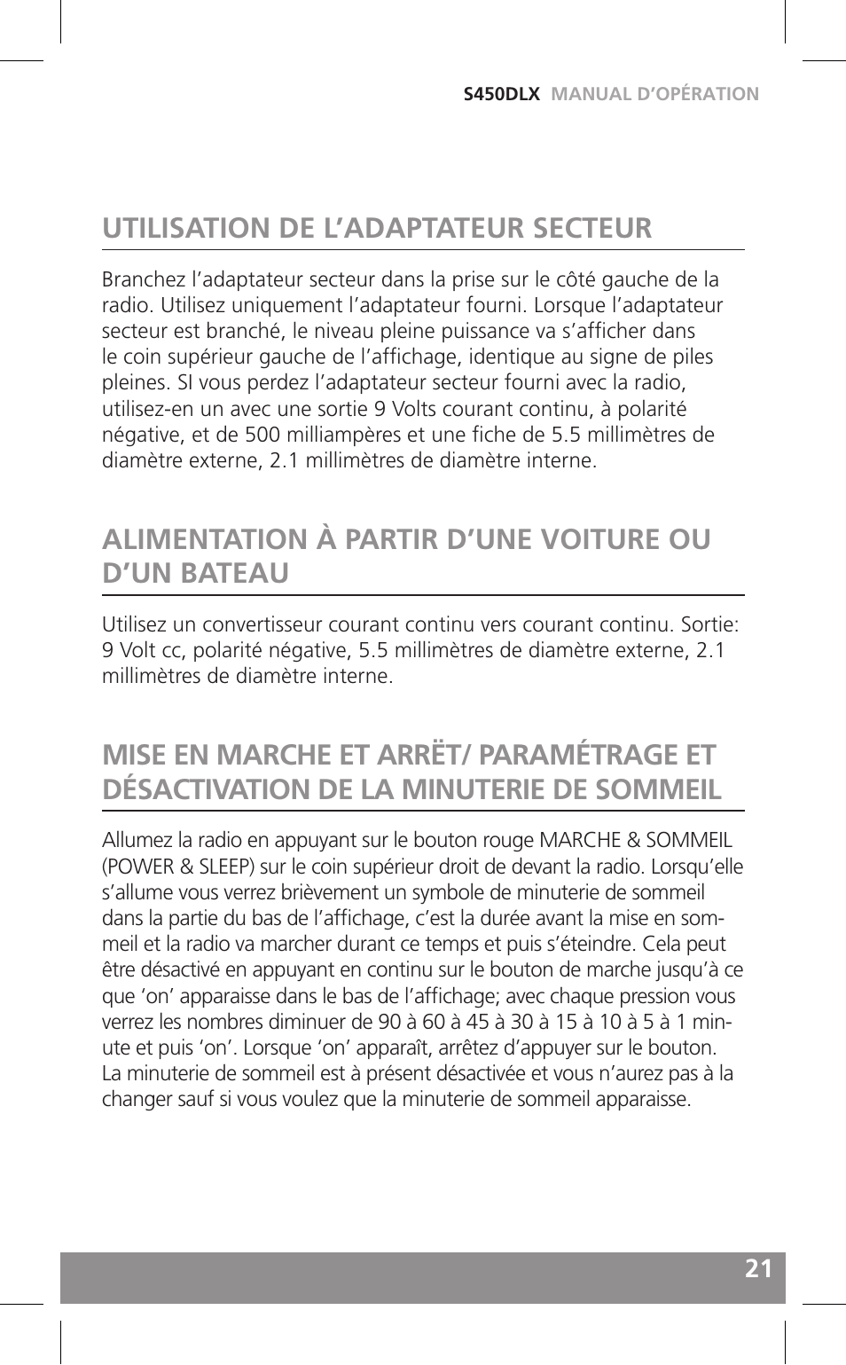 Utilisation de l’adaptateur secteur, Alimentation à partir d’une voiture ou d’un bateau | Grundig FIELD RADIO S450DLX User Manual | Page 21 / 86