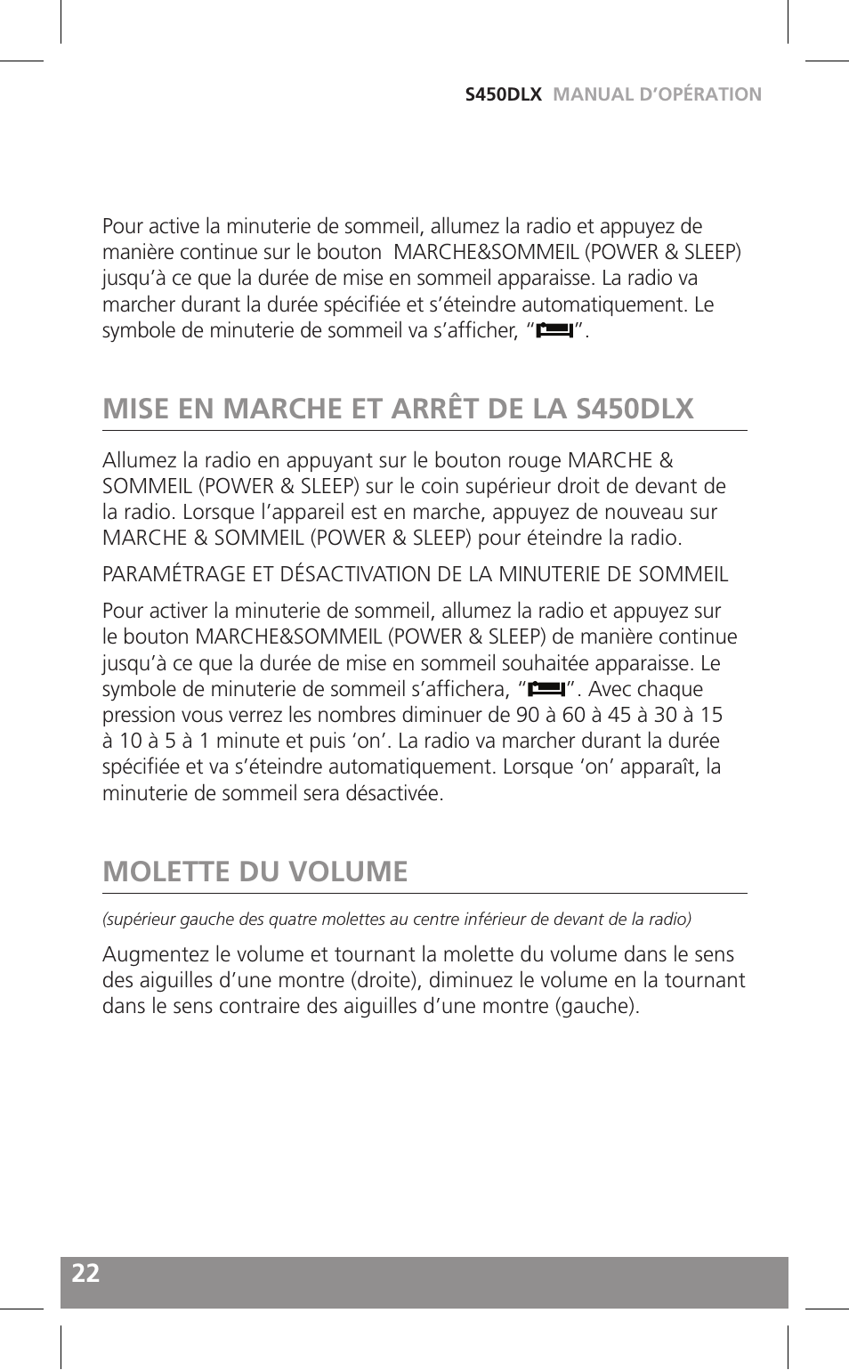 Mise en marche et arrêt de la s450dlx, Molette du volume | Grundig FIELD RADIO S450DLX User Manual | Page 22 / 86