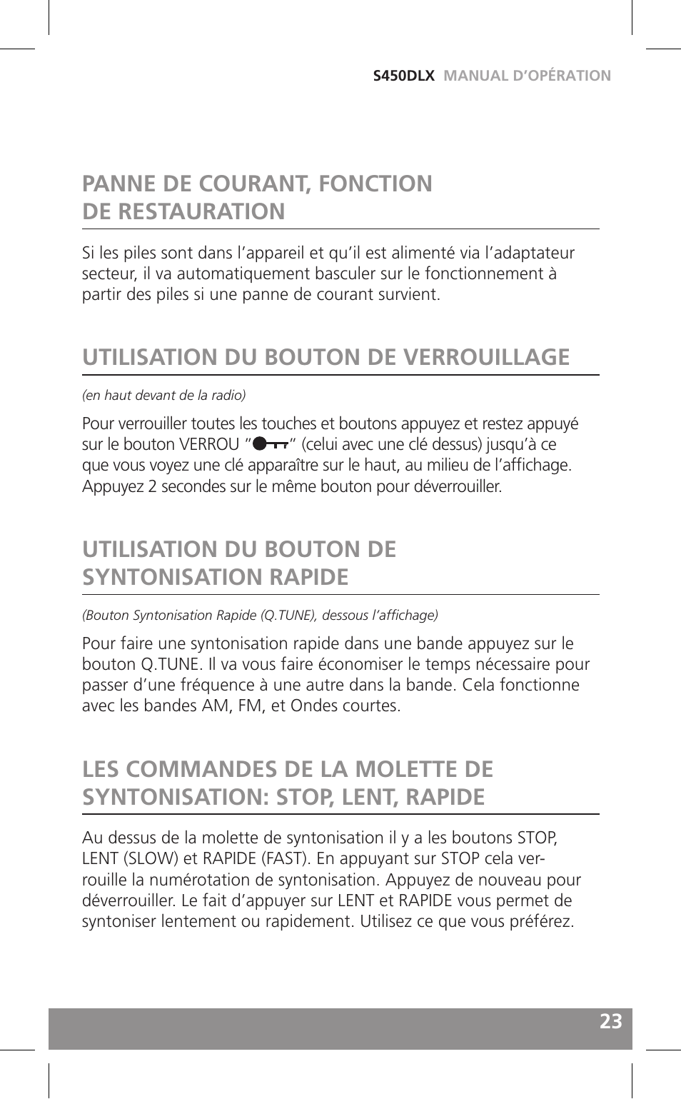 Panne de courant, fonction de restauration, Utilisation du bouton de verrouillage, Utilisation du bouton de syntonisation rapide | Grundig FIELD RADIO S450DLX User Manual | Page 23 / 86