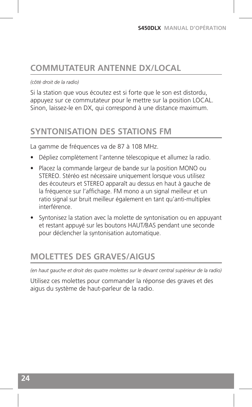 Commutateur antenne dx/local, Syntonisation des stations fm, Molettes des graves/aigus | Grundig FIELD RADIO S450DLX User Manual | Page 24 / 86