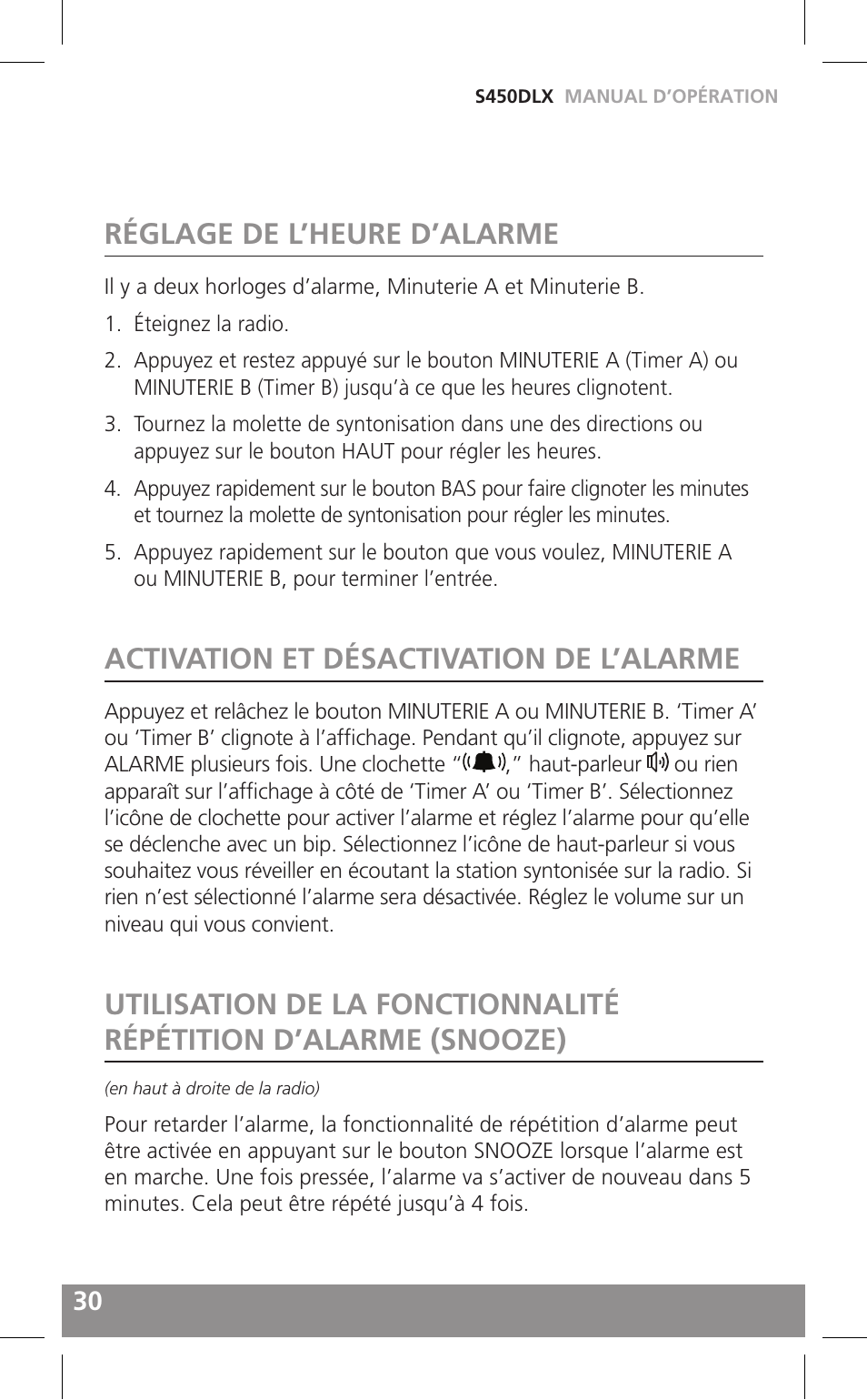 Réglage de l’heure d’alarme, Activation et désactivation de l’alarme | Grundig FIELD RADIO S450DLX User Manual | Page 30 / 86