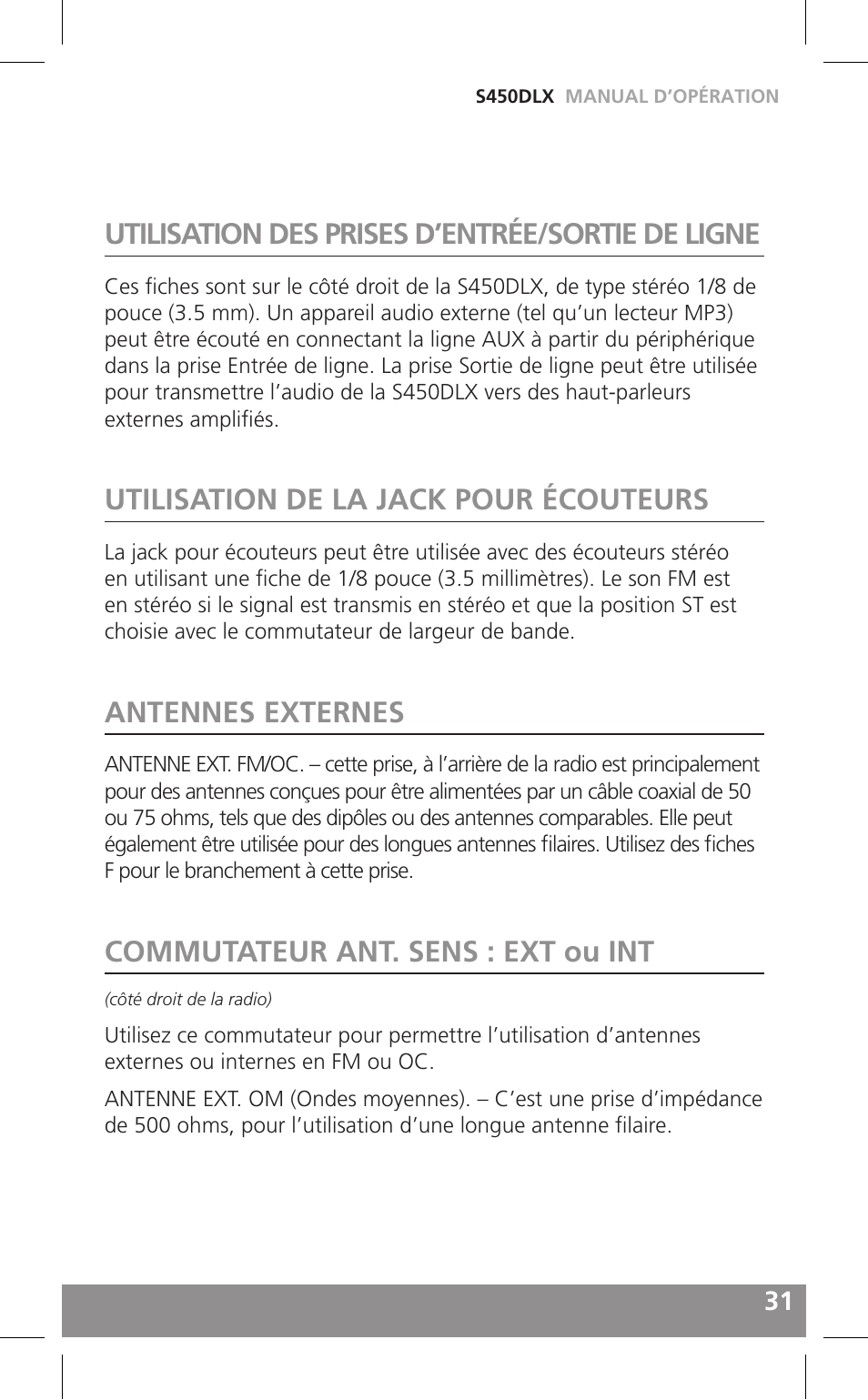 Utilisation des prises d’entrée/sortie de ligne, Utilisation de la jack pour écouteurs, Antennes externes | Commutateur ant. sens : ext ou int | Grundig FIELD RADIO S450DLX User Manual | Page 31 / 86