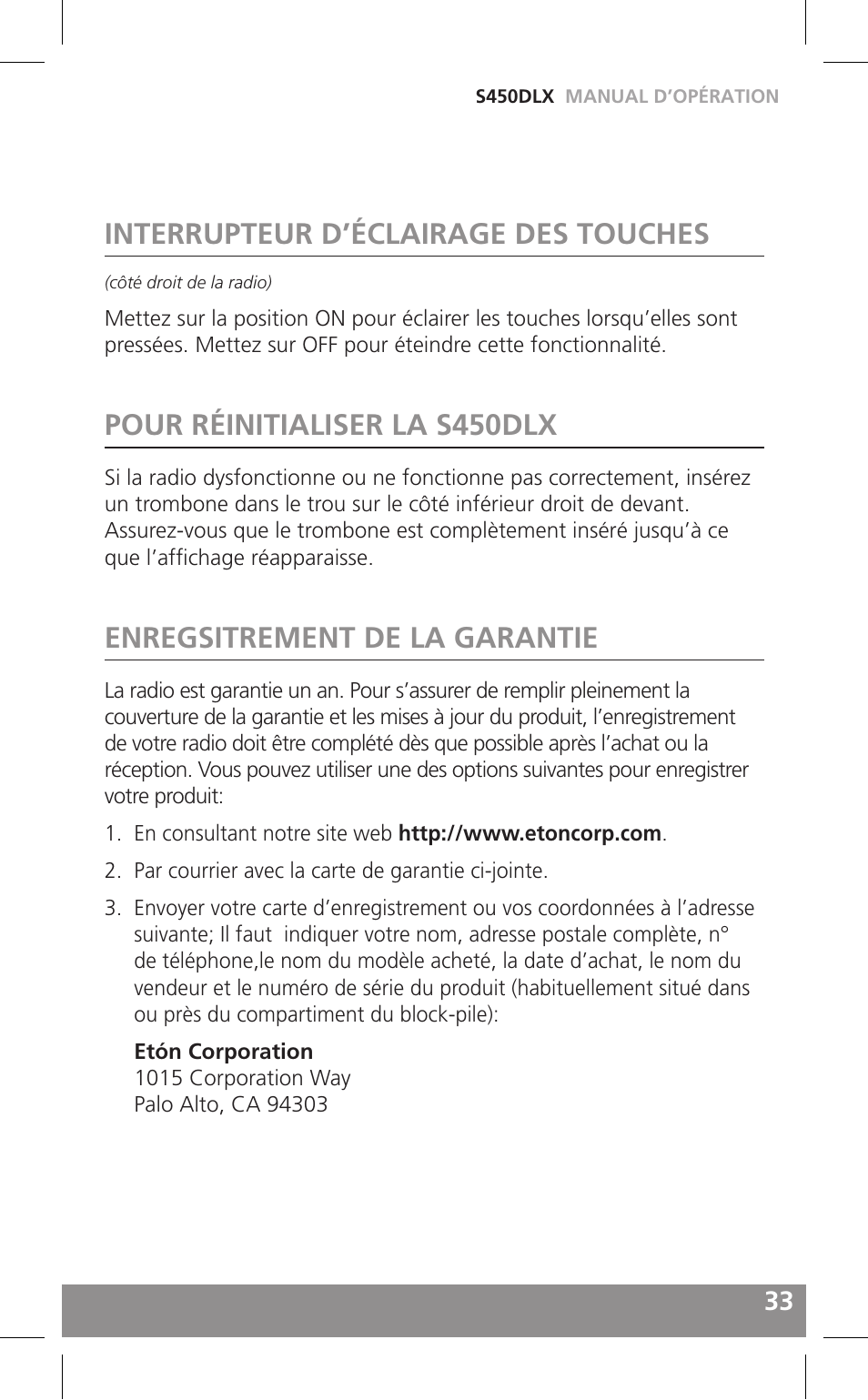 Interrupteur d’éclairage des touches, Pour réinitialiser la s450dlx, Enregsitrement de la garantie | Grundig FIELD RADIO S450DLX User Manual | Page 33 / 86