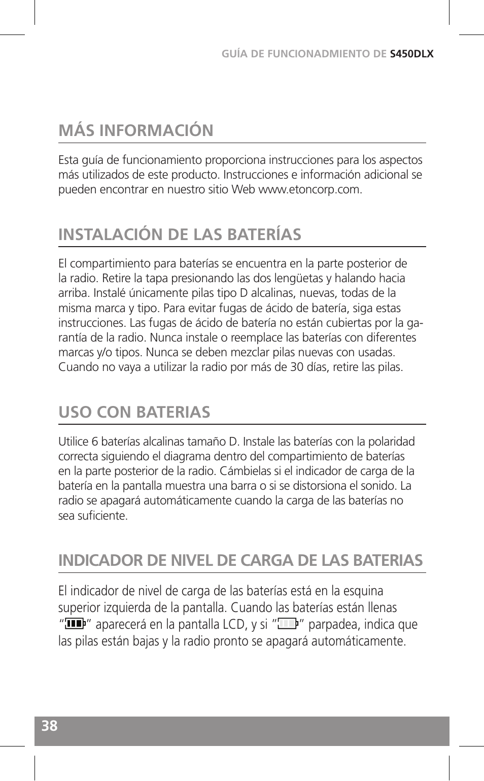 Más información, Instalación de las baterías, Uso con baterias | Indicador de nivel de carga de las baterias | Grundig FIELD RADIO S450DLX User Manual | Page 38 / 86