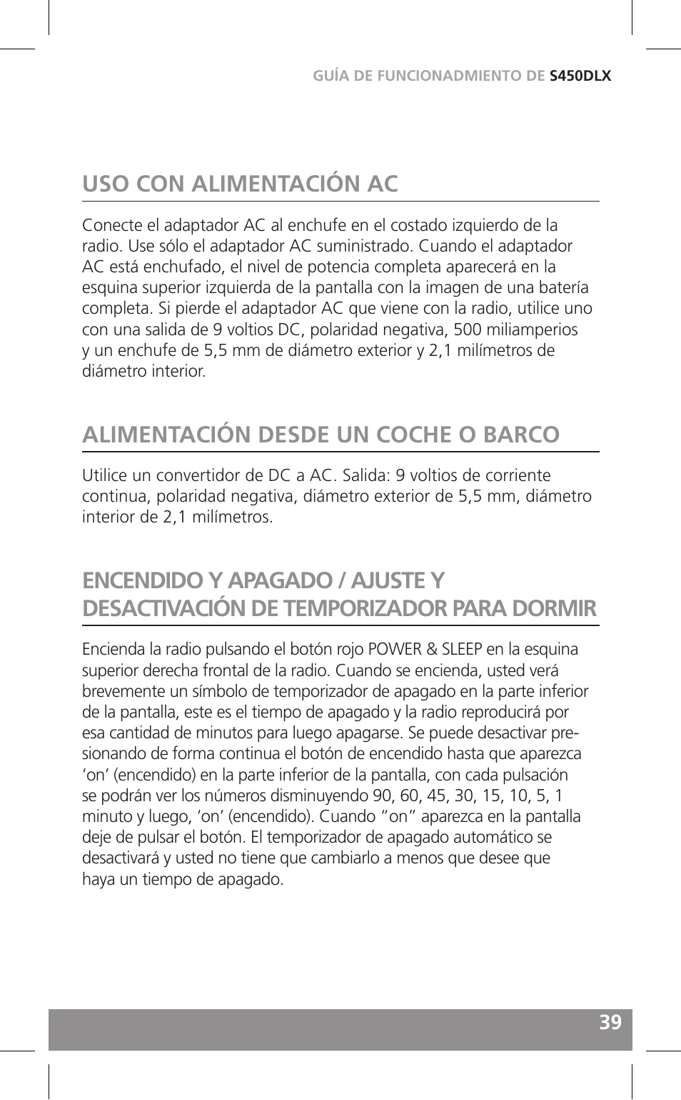 Uso con alimentación ac, Alimentación desde un coche o barco | Grundig FIELD RADIO S450DLX User Manual | Page 39 / 86
