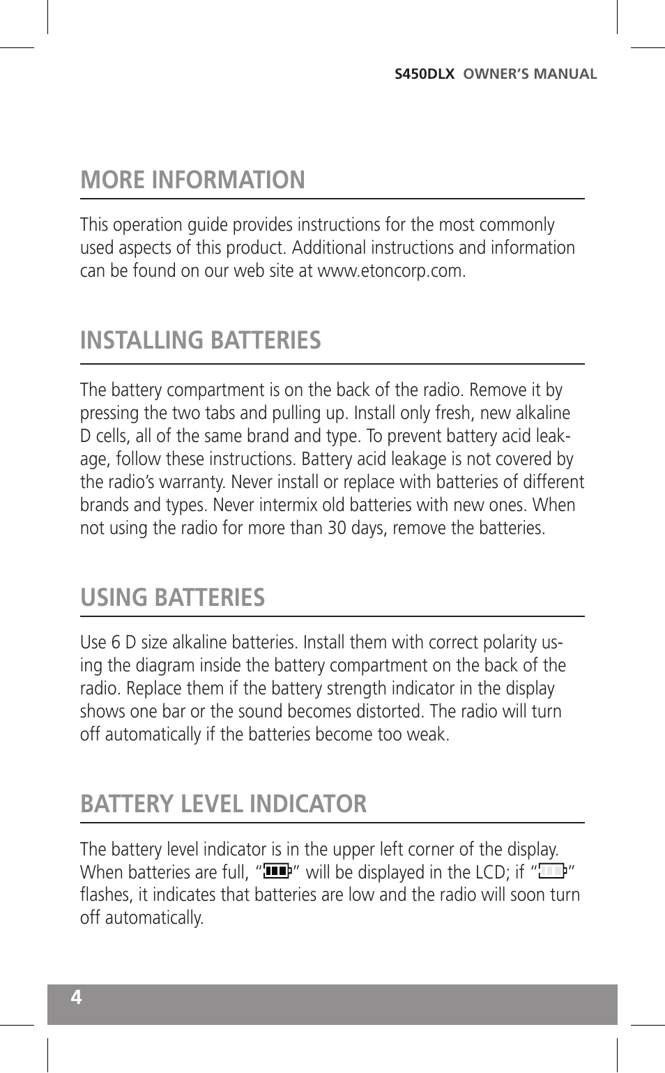 More information, Installing batteries, Using batteries | Battery level indicator | Grundig FIELD RADIO S450DLX User Manual | Page 4 / 86
