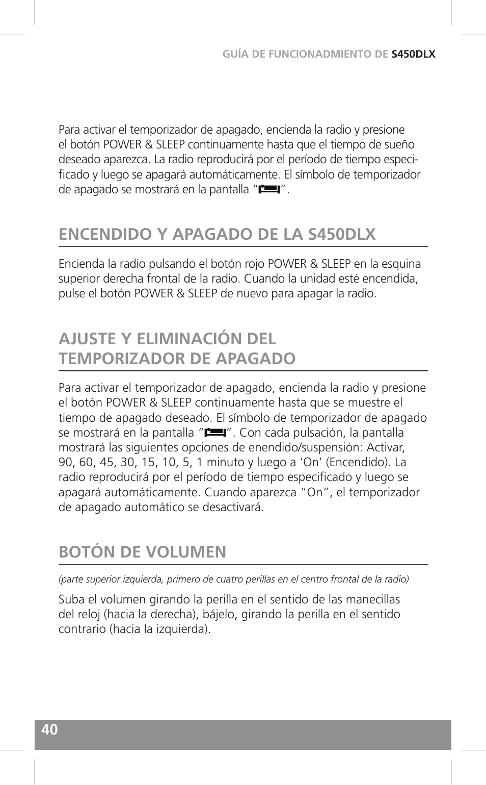 Encendido y apagado de la s450dlx, Ajuste y eliminación del temporizador de apagado, Botón de volumen | Grundig FIELD RADIO S450DLX User Manual | Page 40 / 86
