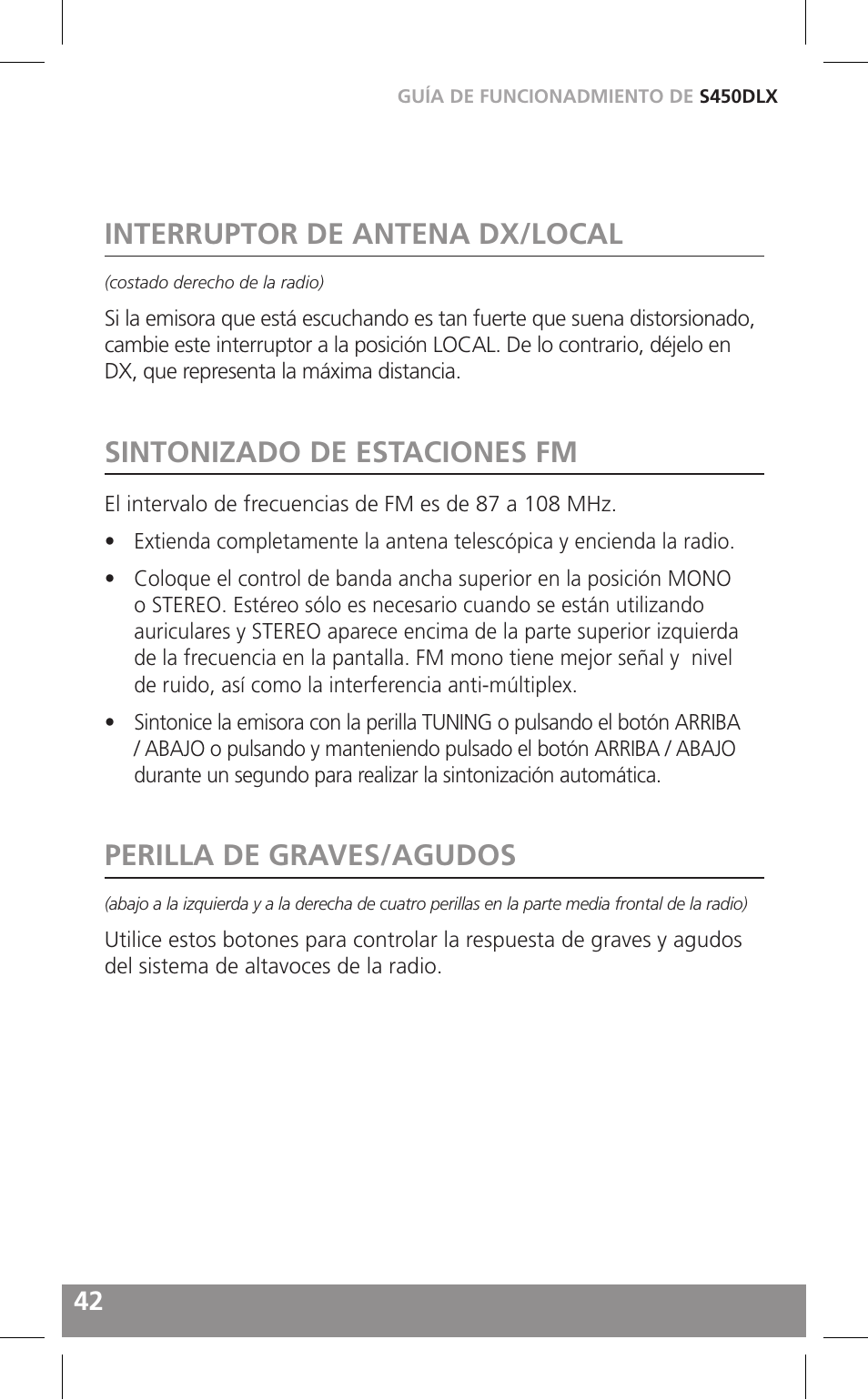 Interruptor de antena dx/local, Sintonizado de estaciones fm, Perilla de graves/agudos | Grundig FIELD RADIO S450DLX User Manual | Page 42 / 86