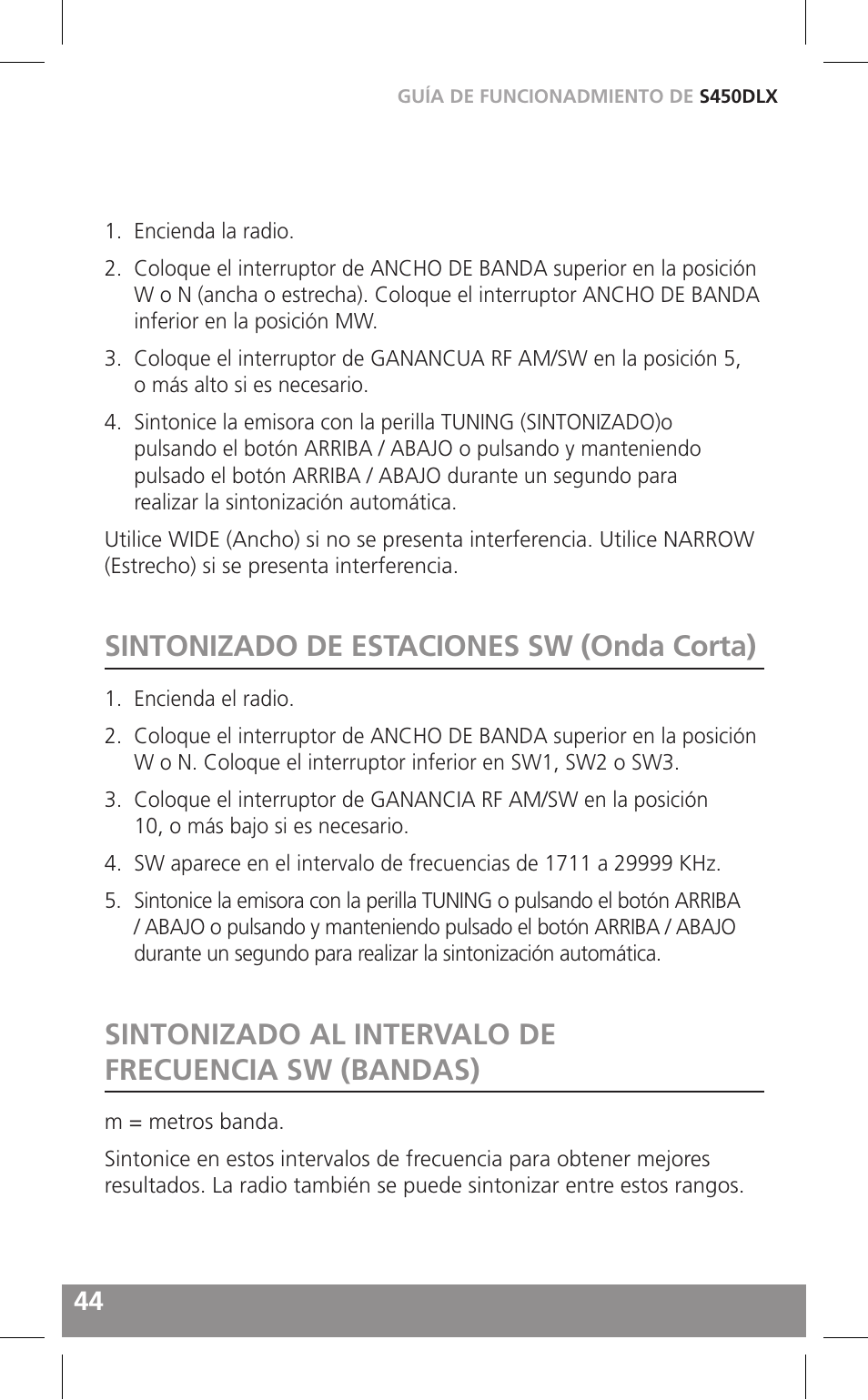 Sintonizado de estaciones sw (onda corta), Sintonizado al intervalo de frecuencia sw (bandas) | Grundig FIELD RADIO S450DLX User Manual | Page 44 / 86