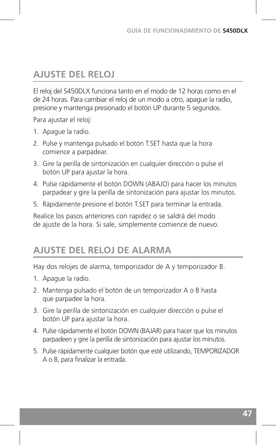 Ajuste del reloj, Ajuste del reloj de alarma | Grundig FIELD RADIO S450DLX User Manual | Page 47 / 86