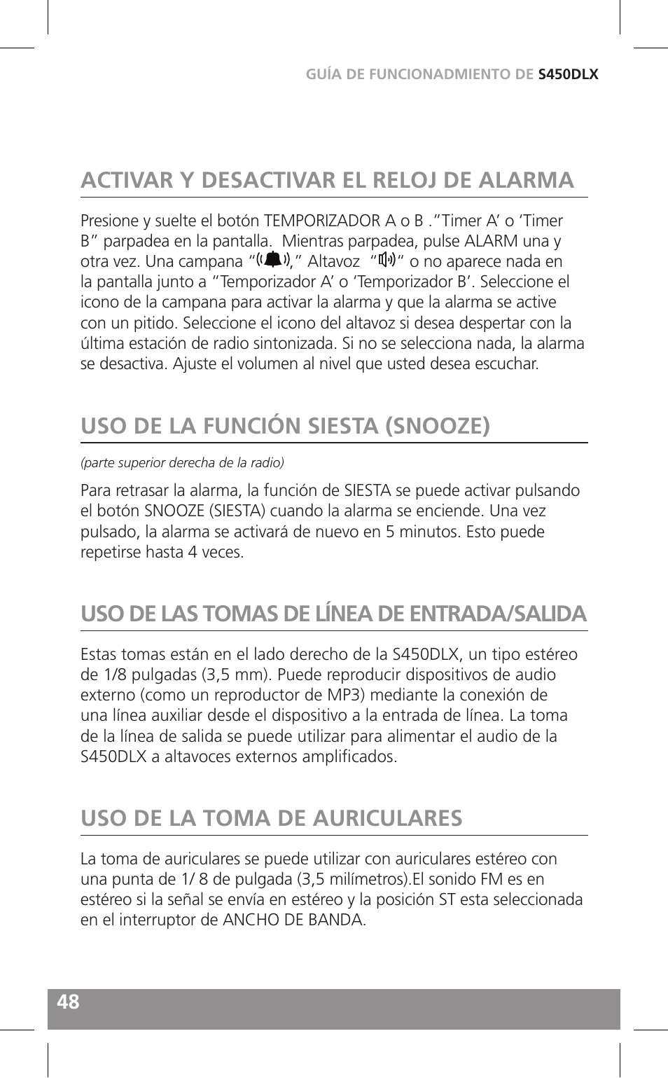 Activar y desactivar el reloj de alarma, Uso de la función siesta (snooze), Uso de las tomas de línea de entrada/salida | Uso de la toma de auriculares | Grundig FIELD RADIO S450DLX User Manual | Page 48 / 86