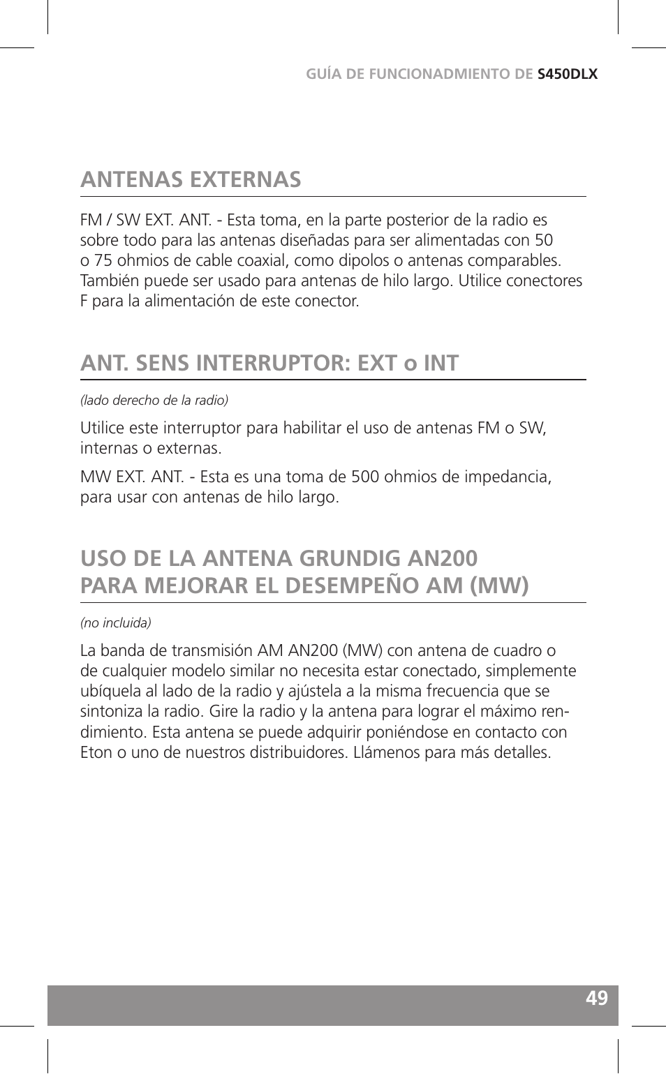 Antenas externas, Ant. sens interruptor: ext o int | Grundig FIELD RADIO S450DLX User Manual | Page 49 / 86