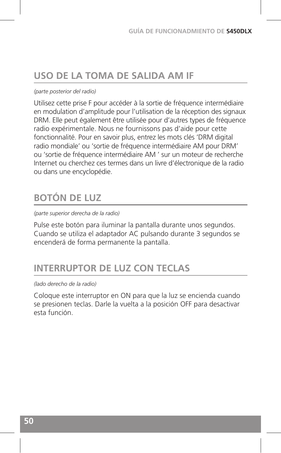 Uso de la toma de salida am if, Botón de luz, Interruptor de luz con teclas | Grundig FIELD RADIO S450DLX User Manual | Page 50 / 86