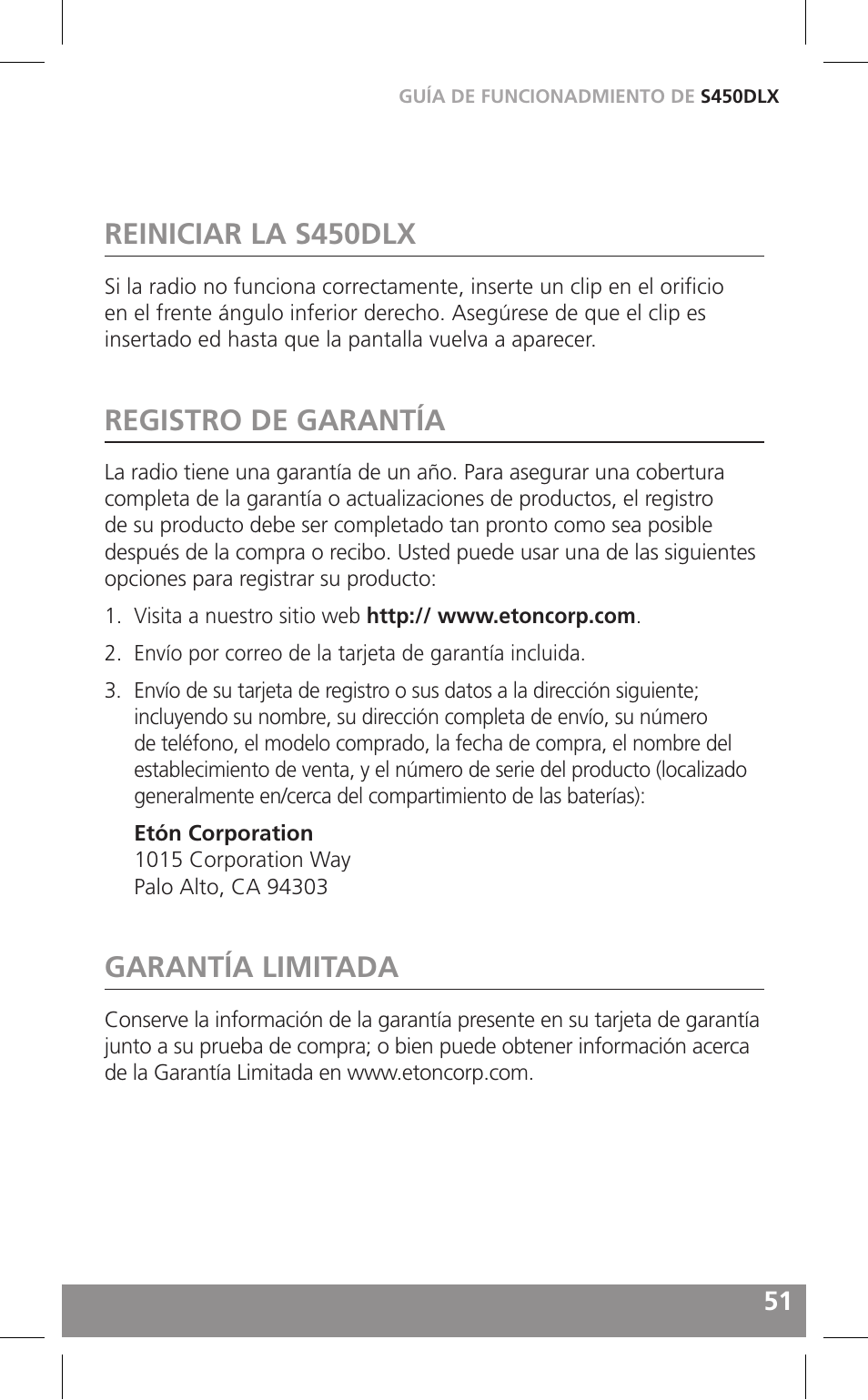 Reiniciar la s450dlx, Registro de garantía, Garantía limitada | Grundig FIELD RADIO S450DLX User Manual | Page 51 / 86