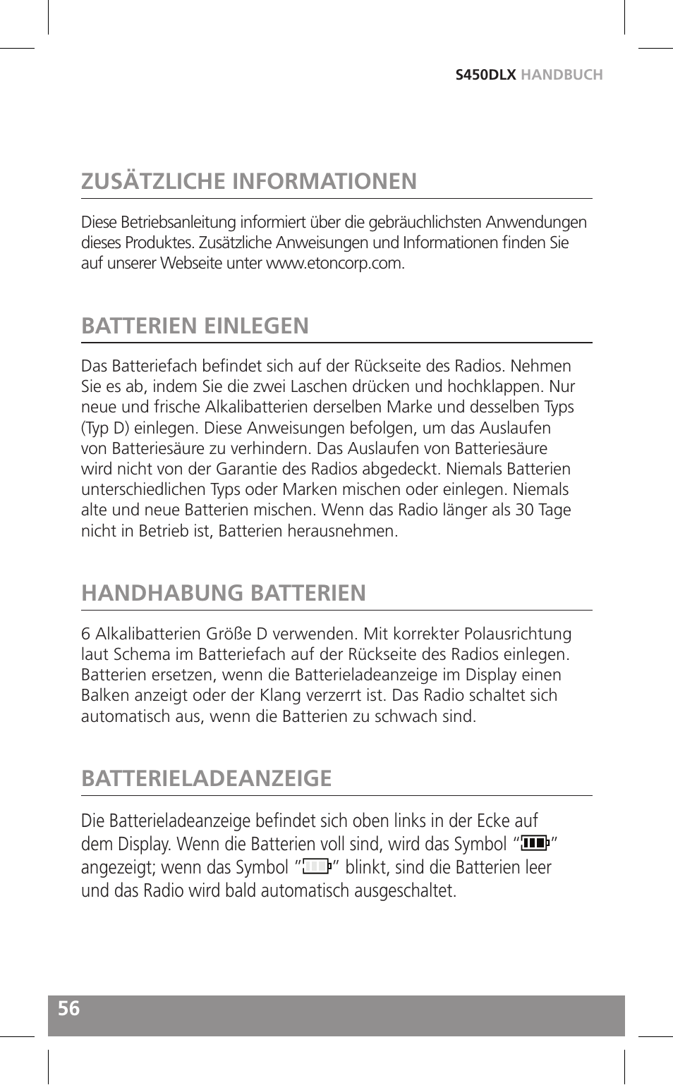 Zusätzliche informationen, Batterien einlegen, Handhabung batterien | Batterieladeanzeige | Grundig FIELD RADIO S450DLX User Manual | Page 56 / 86