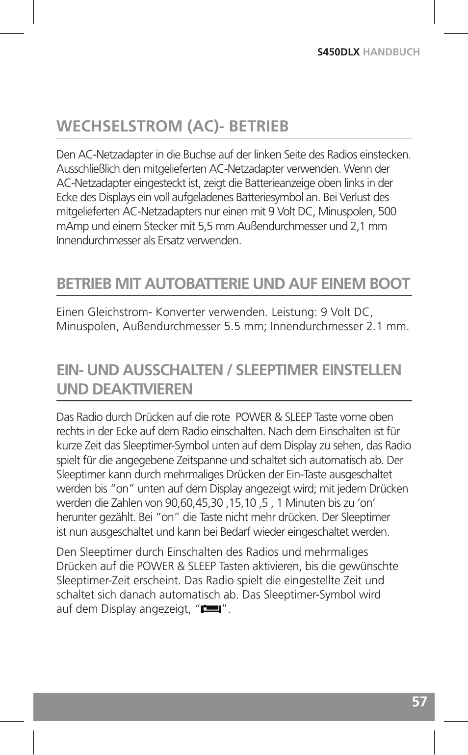 Wechselstrom (ac)- betrieb, Betrieb mit autobatterie und auf einem boot | Grundig FIELD RADIO S450DLX User Manual | Page 57 / 86