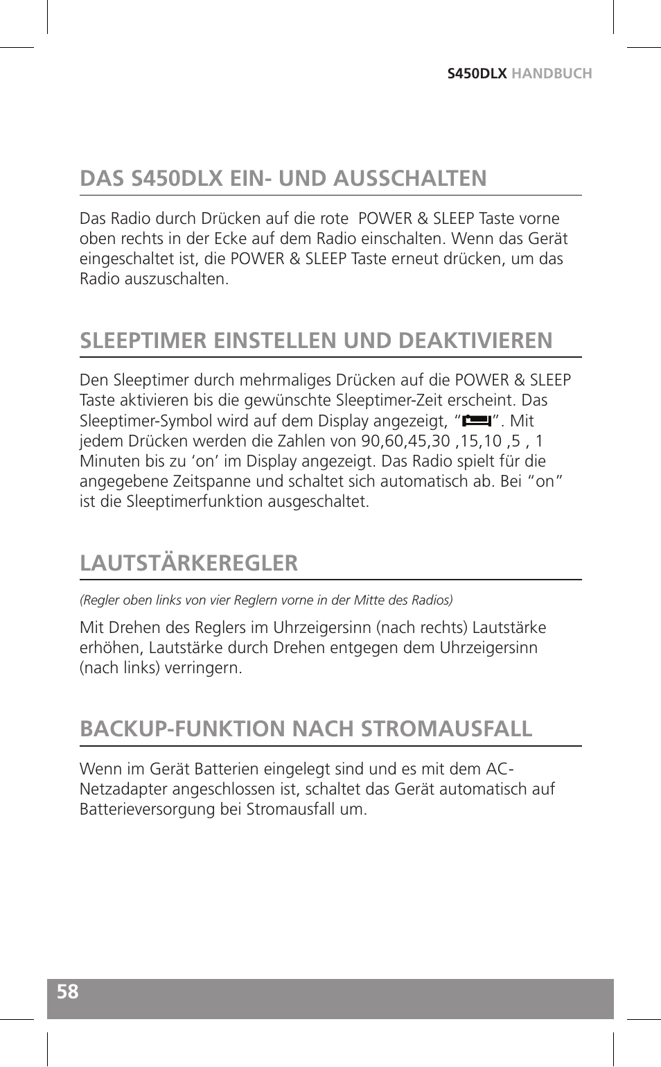 Das s450dlx ein- und ausschalten, Sleeptimer einstellen und deaktivieren, Lautstärkeregler | Backup-funktion nach stromausfall | Grundig FIELD RADIO S450DLX User Manual | Page 58 / 86