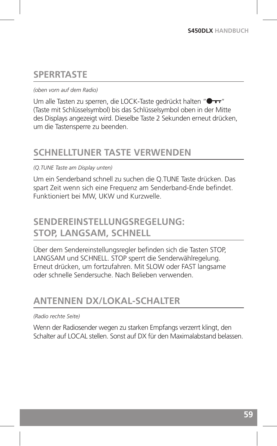 Sperrtaste, Schnelltuner taste verwenden, Sendereinstellungsregelung: stop, langsam, schnell | Antennen dx/lokal-schalter | Grundig FIELD RADIO S450DLX User Manual | Page 59 / 86