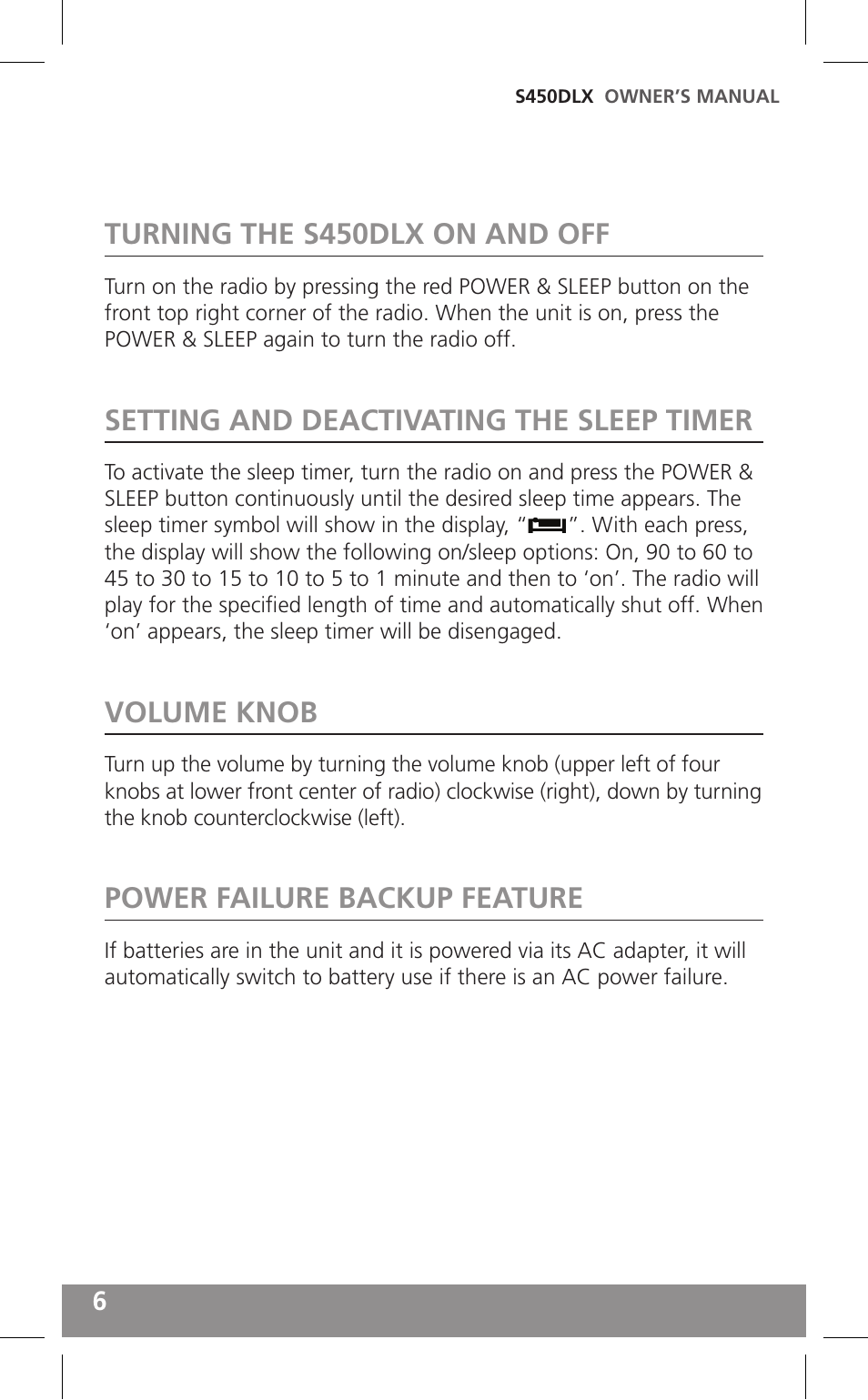 Turning the s450dlx on and off, Setting and deactivating the sleep timer, Volume knob | Power failure backup feature | Grundig FIELD RADIO S450DLX User Manual | Page 6 / 86