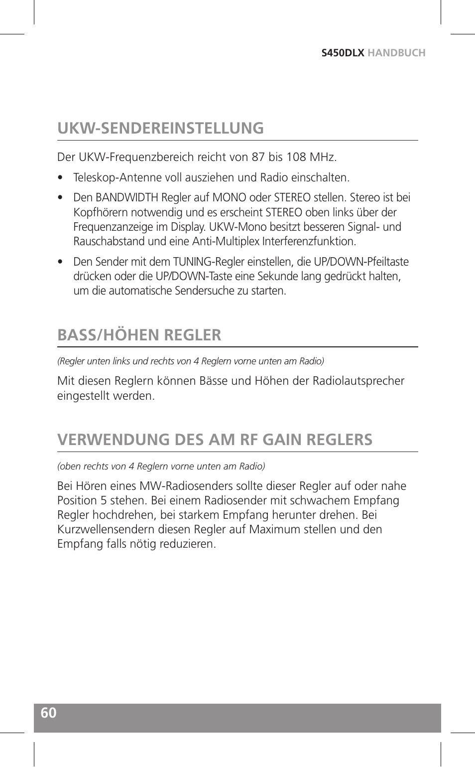 Ukw-sendereinstellung, Bass/höhen regler, Verwendung des am rf gain reglers | Grundig FIELD RADIO S450DLX User Manual | Page 60 / 86
